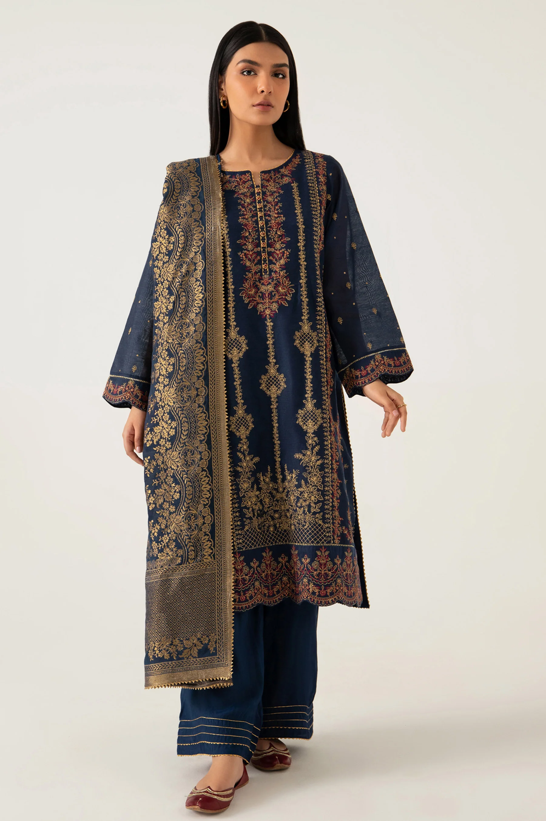 3 Piece Unstitched Embroidered Cotton Net Suit