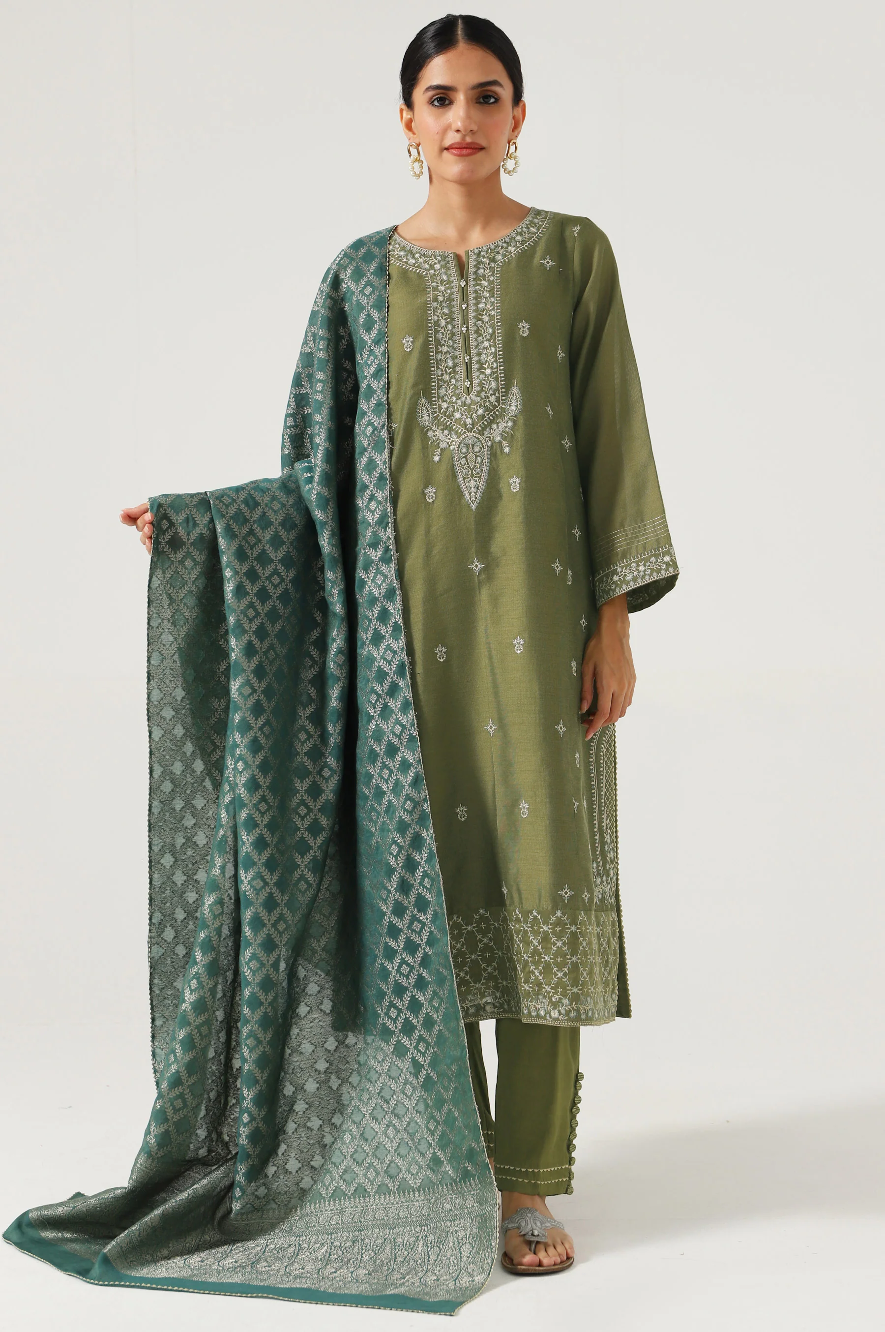 3 Piece Unstitched Embroidered Cotton net Suit - Image 2