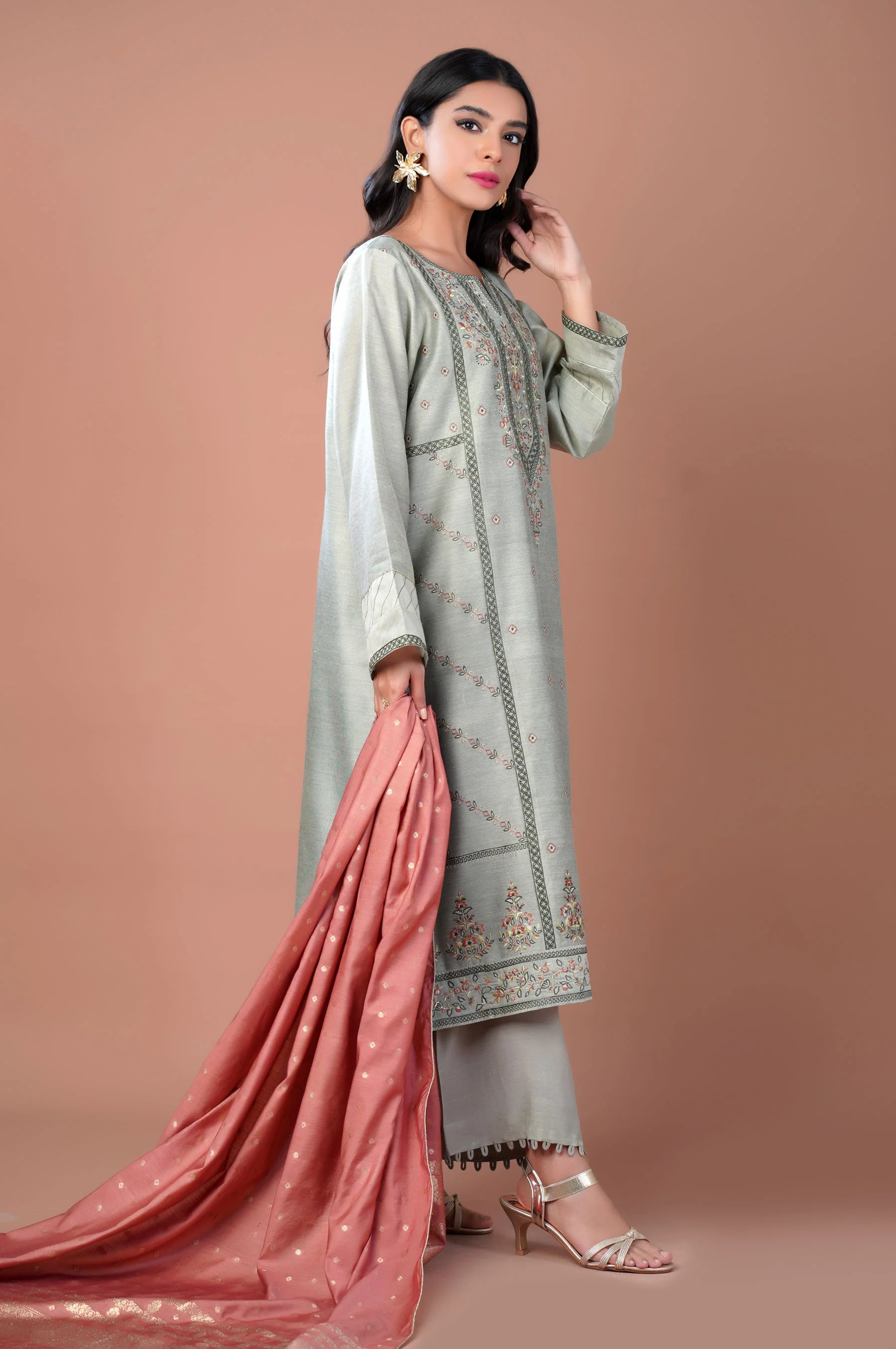 3 Piece Unstitched Embroidered Cotton Net Suit - Image 3