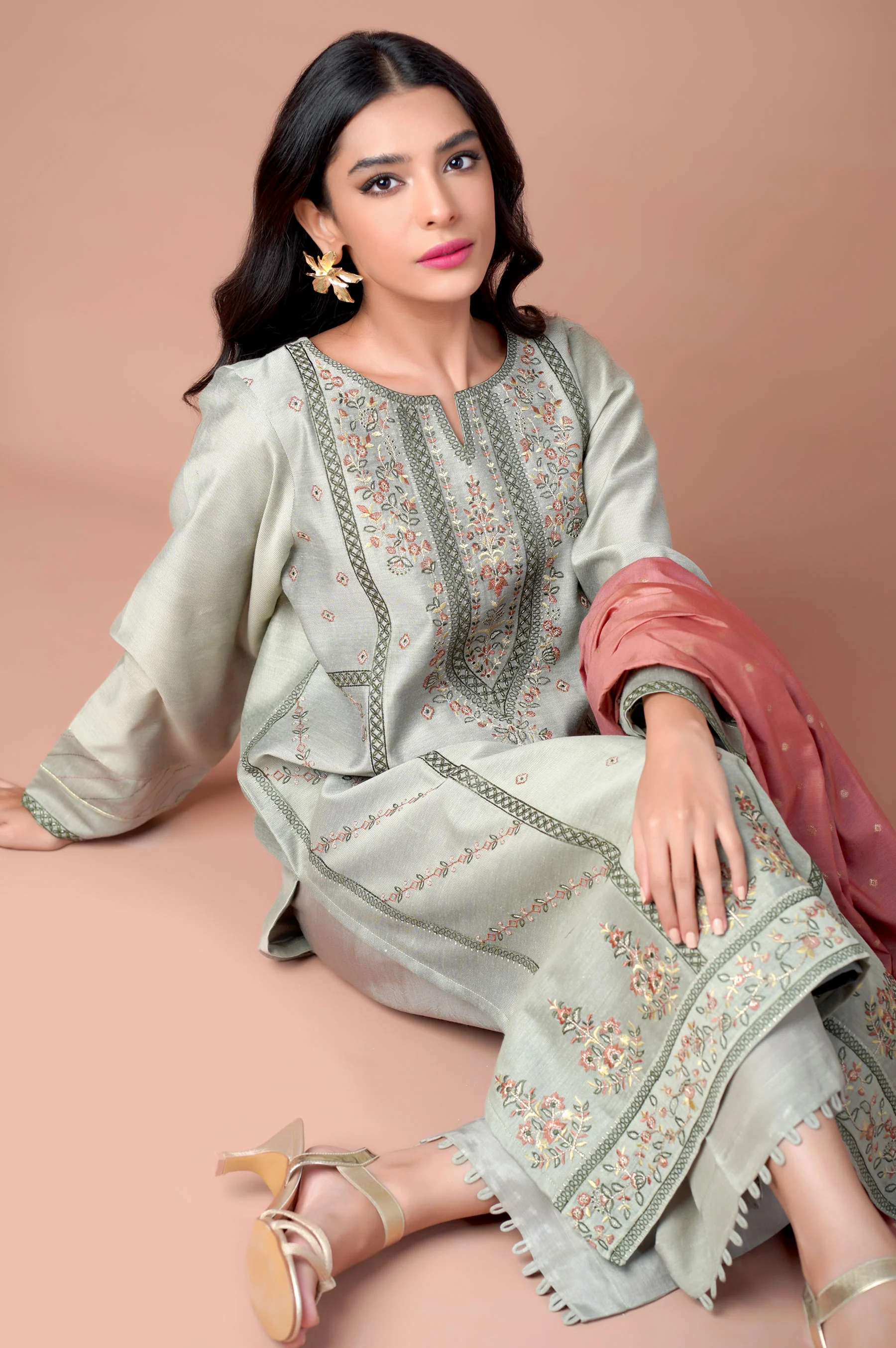 3 Piece Unstitched Embroidered Cotton Net Suit - Image 4