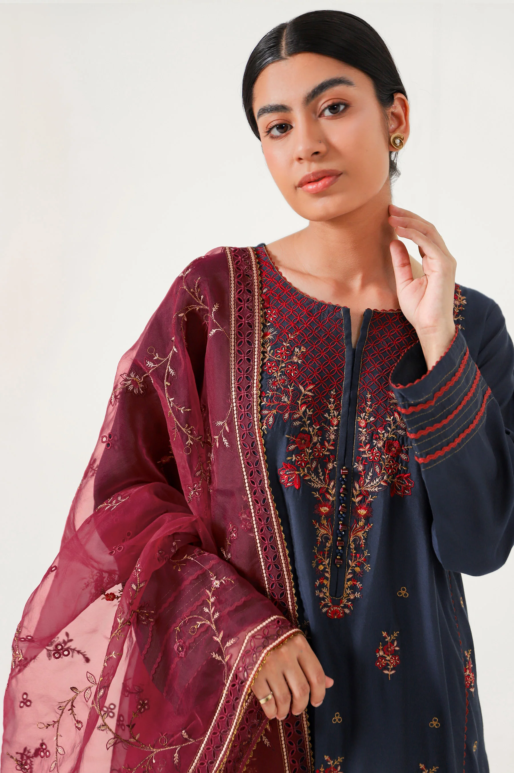 3 piece Unstitched Embroidered Cotton silk Suit - Image 2