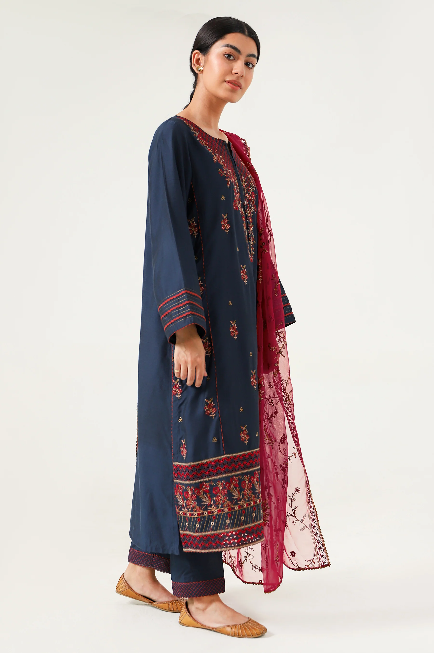 3 piece Unstitched Embroidered Cotton silk Suit - Image 3