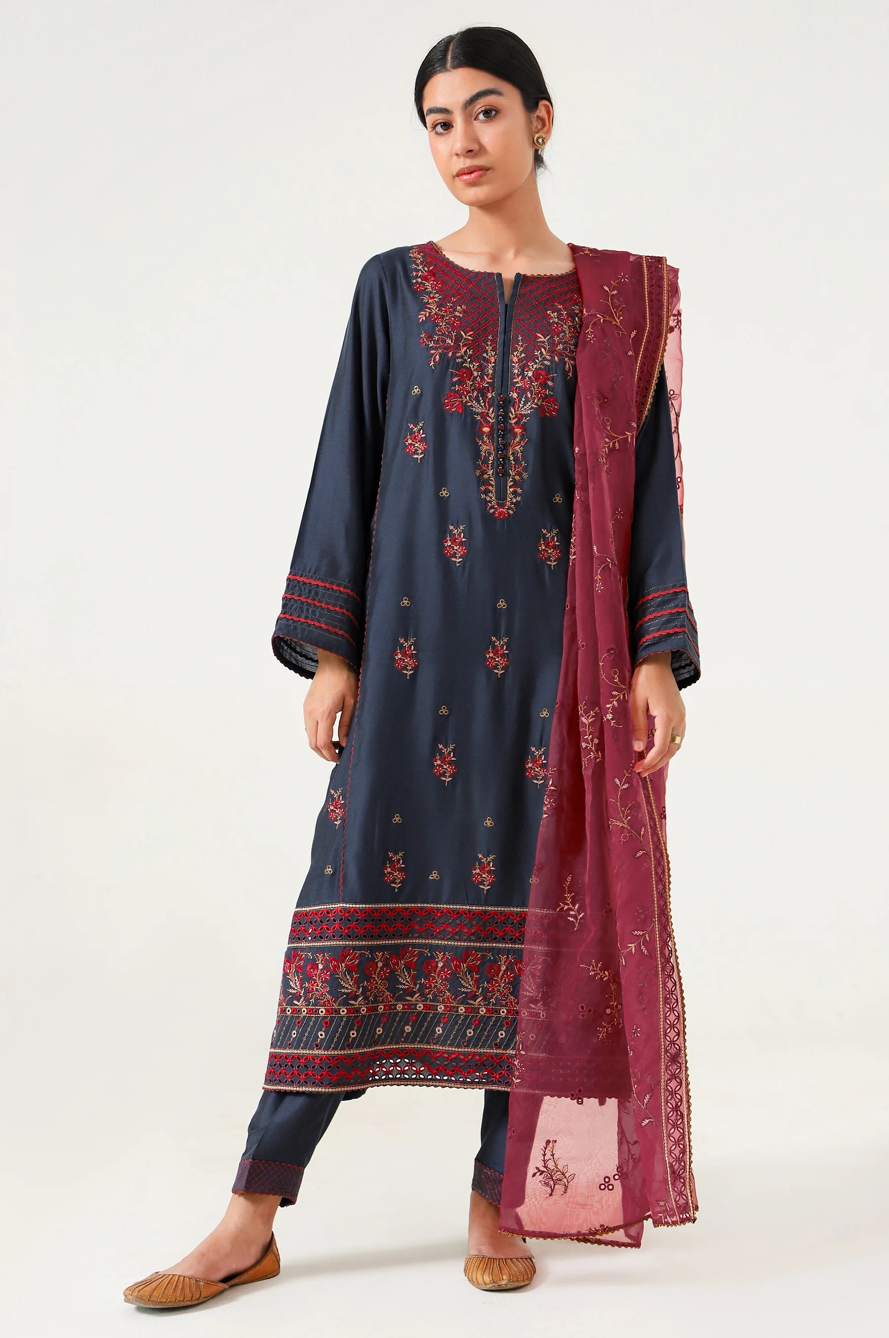 3 piece Unstitched Embroidered Cotton silk Suit - Image 5