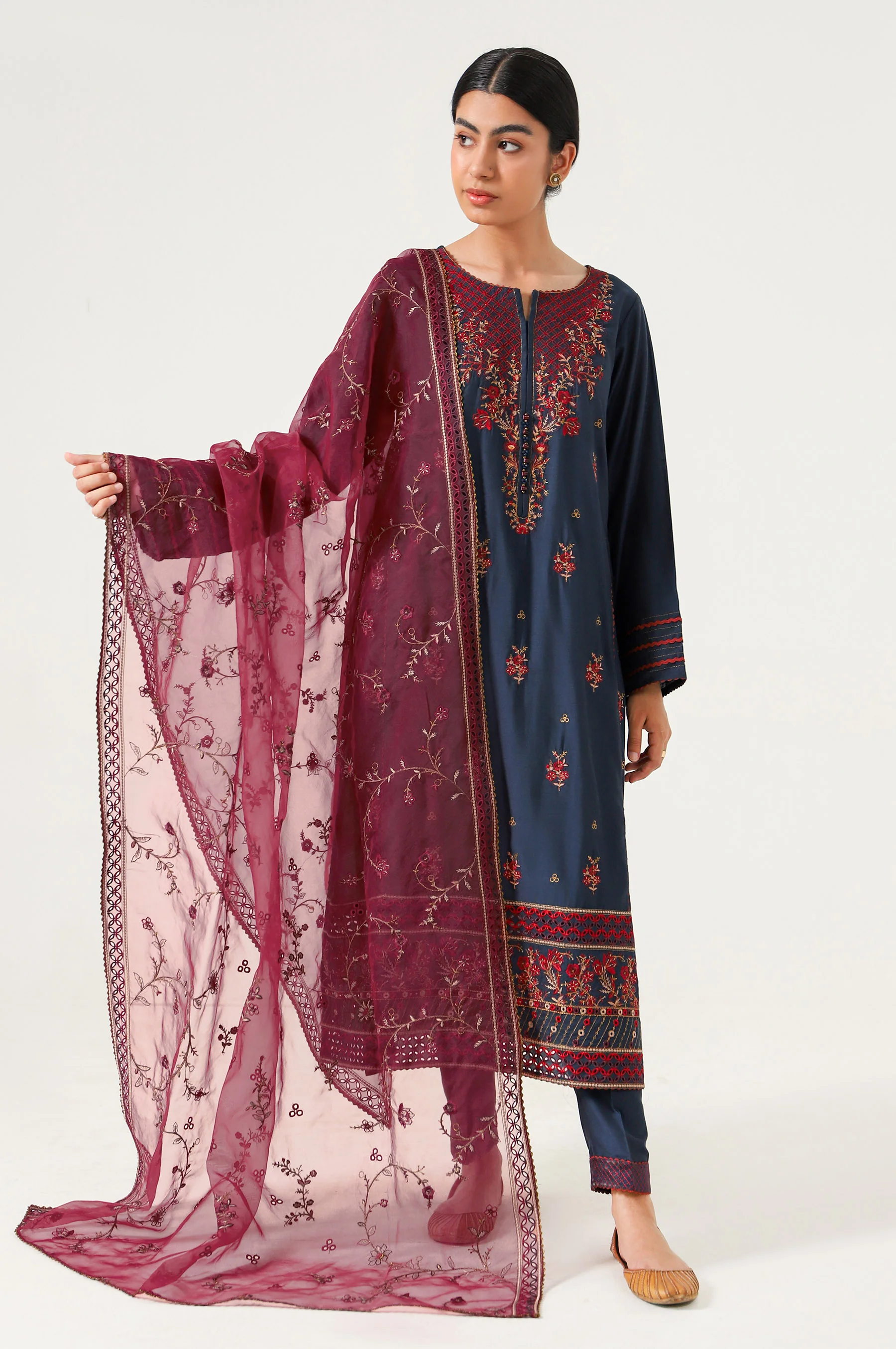 3 piece Unstitched Embroidered Cotton silk Suit - Image 6