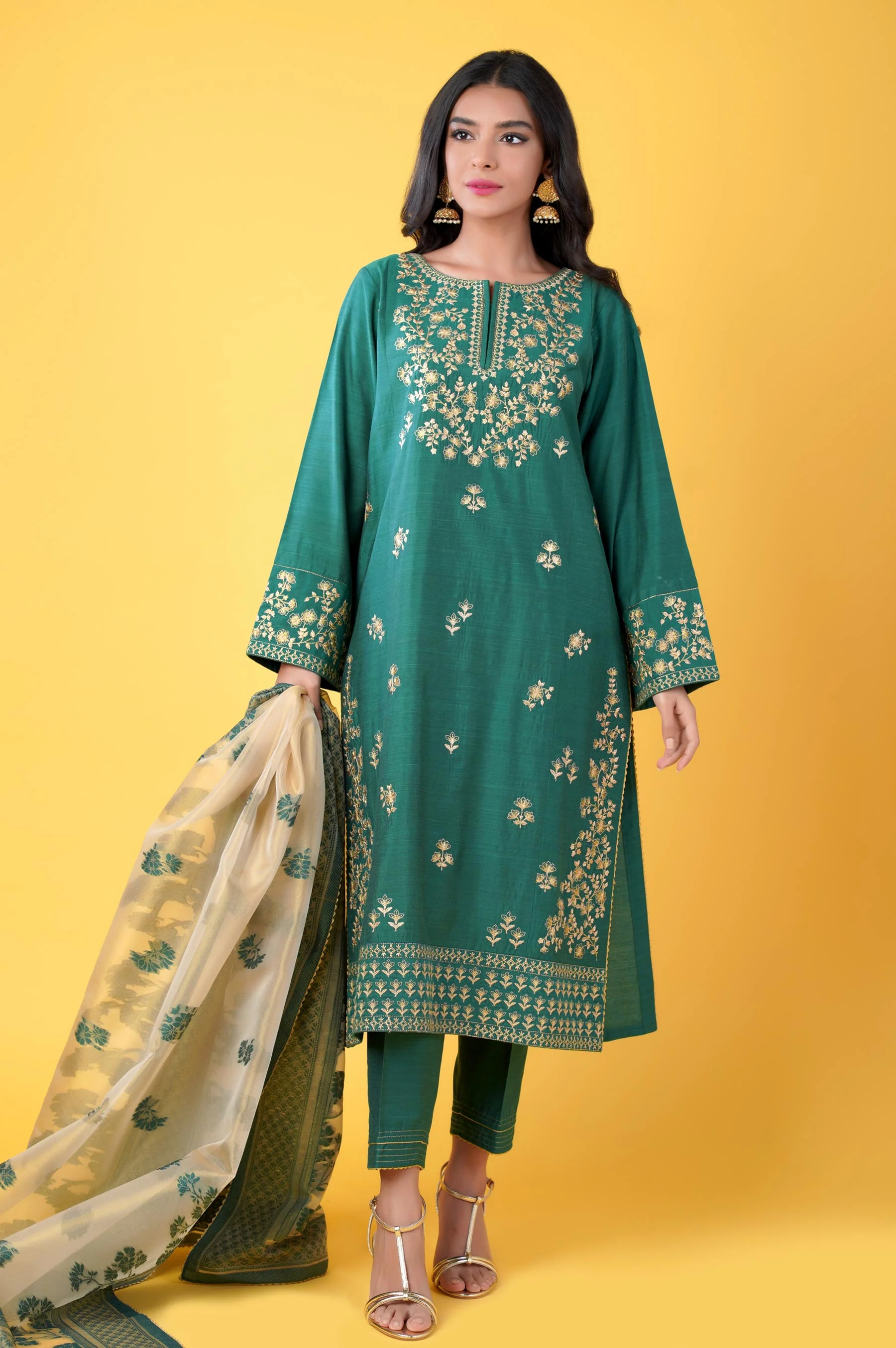 3 Piece Unstitched Embroidered Cotton Silk Suit - Image 2