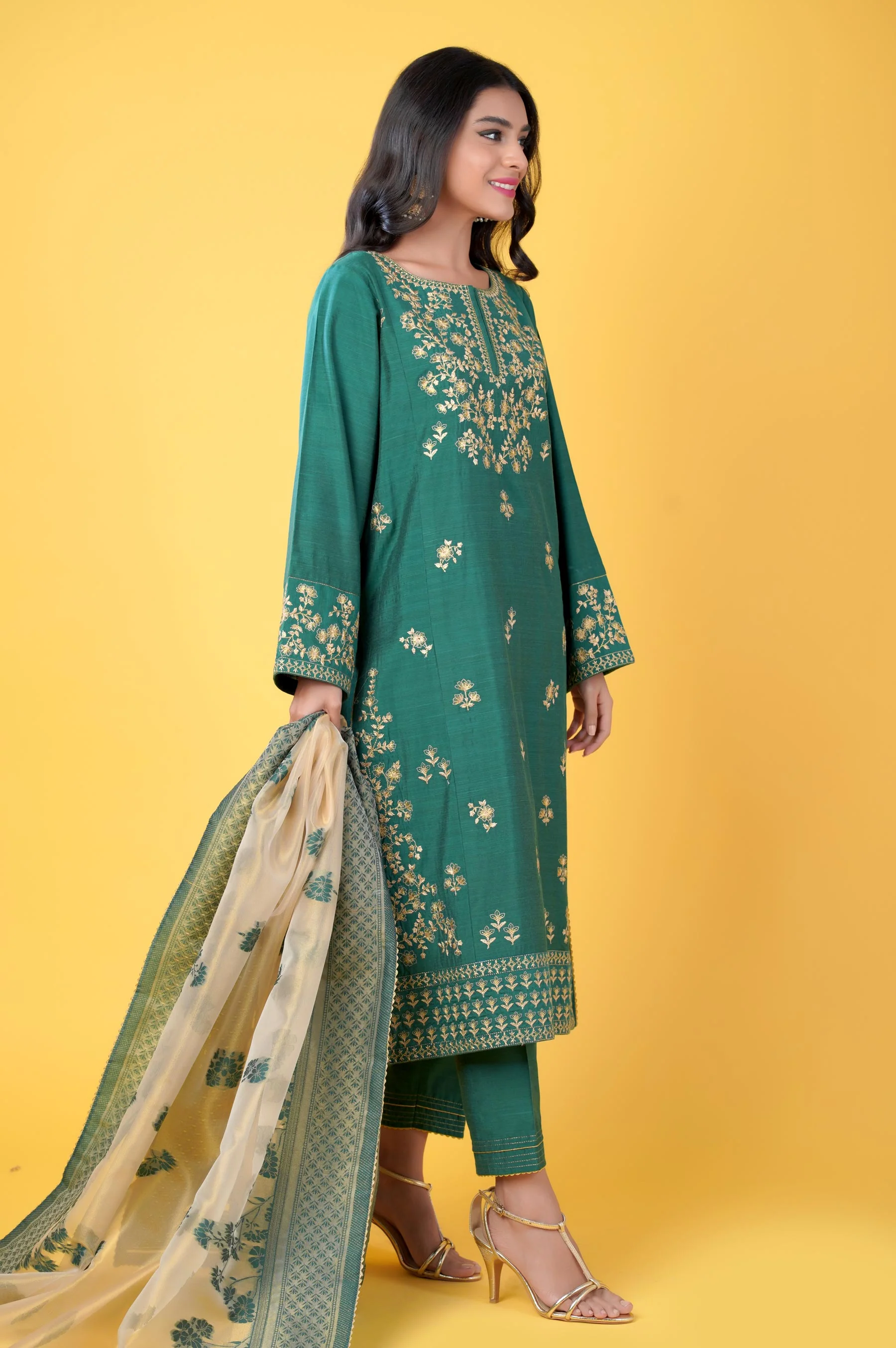 3 Piece Unstitched Embroidered Cotton Silk Suit - Image 3