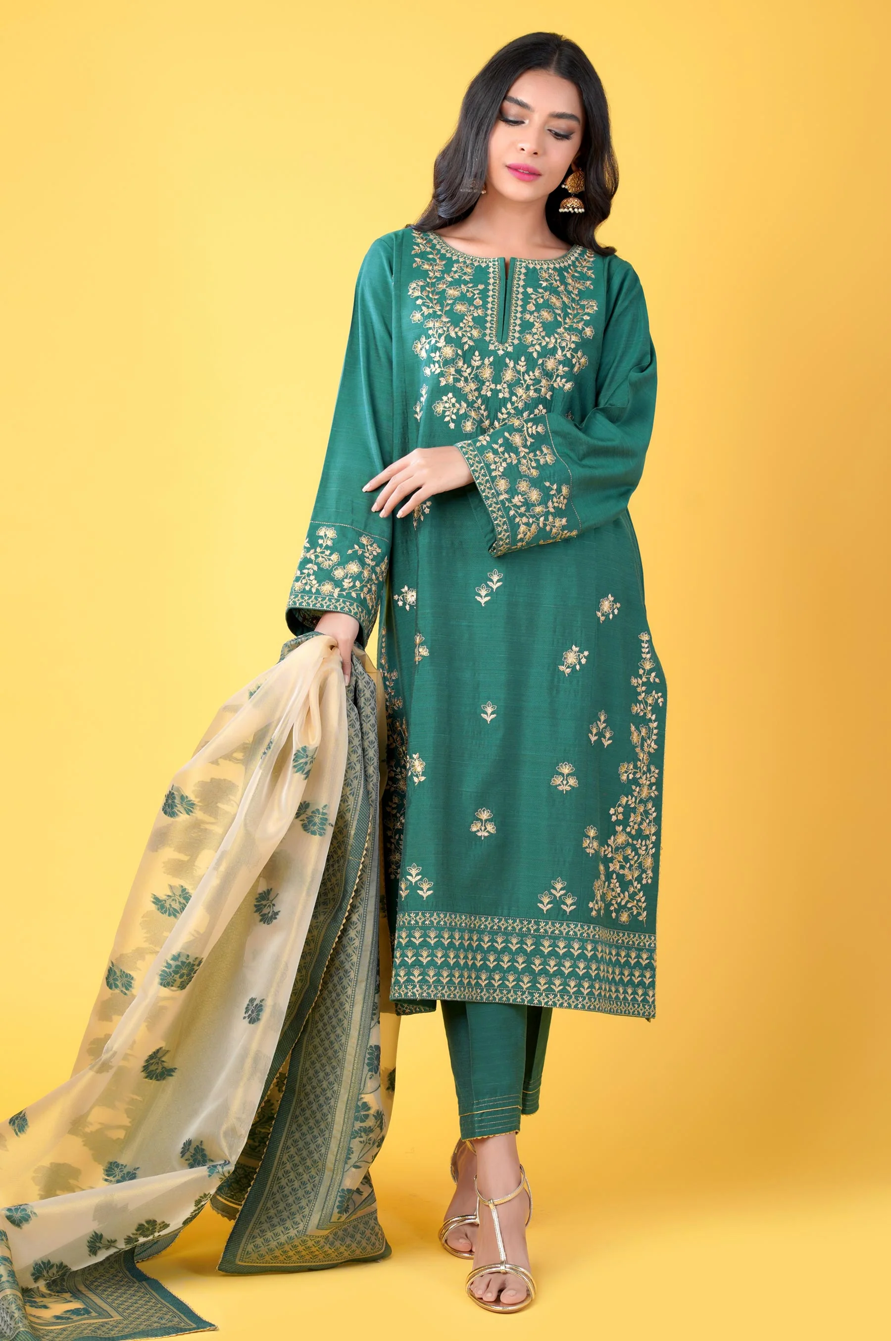 3 Piece Unstitched Embroidered Cotton Silk Suit - Image 4