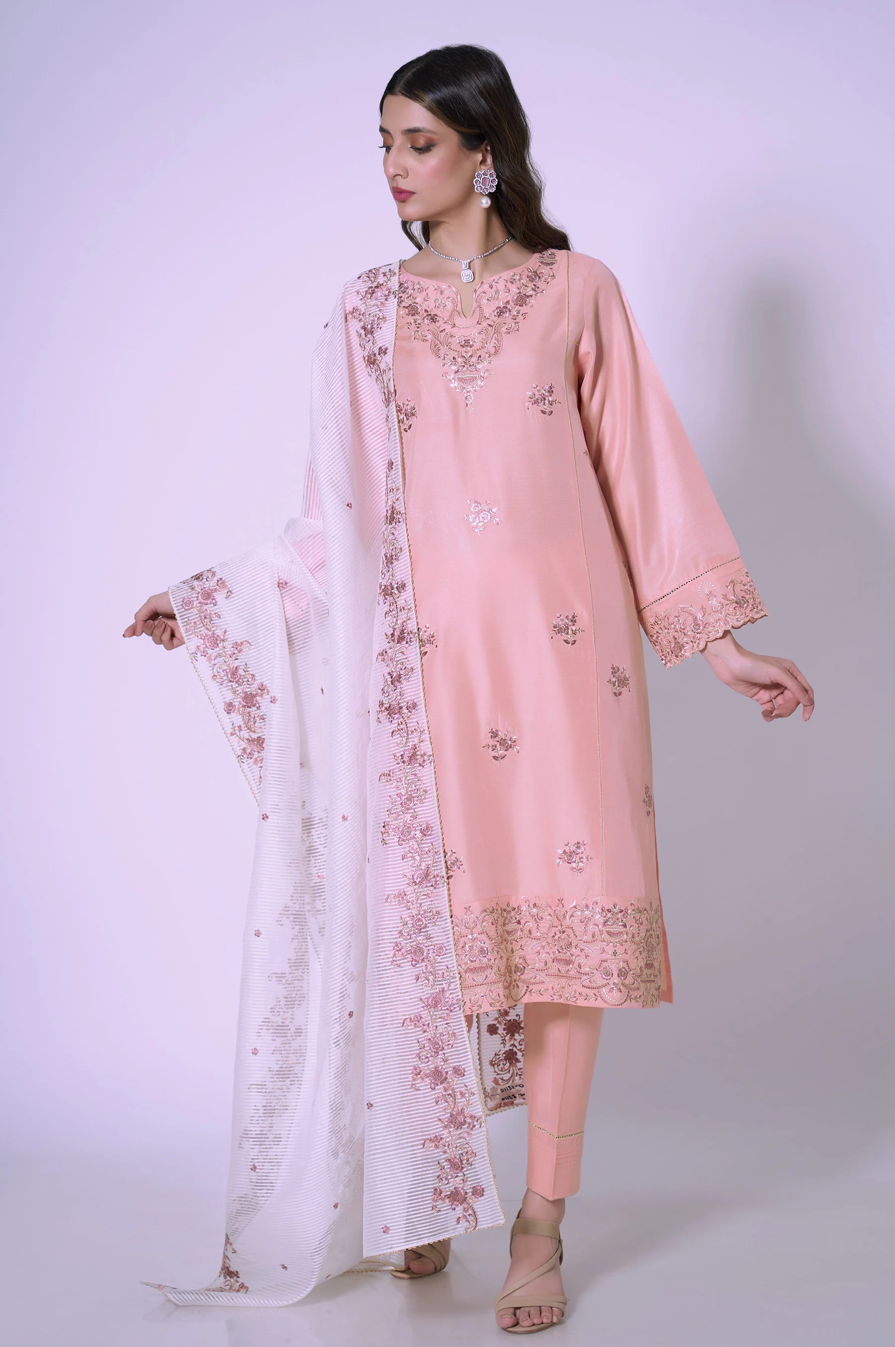 3 Piece Unstitched Embroidered Cotton Silk Suit - Image 4