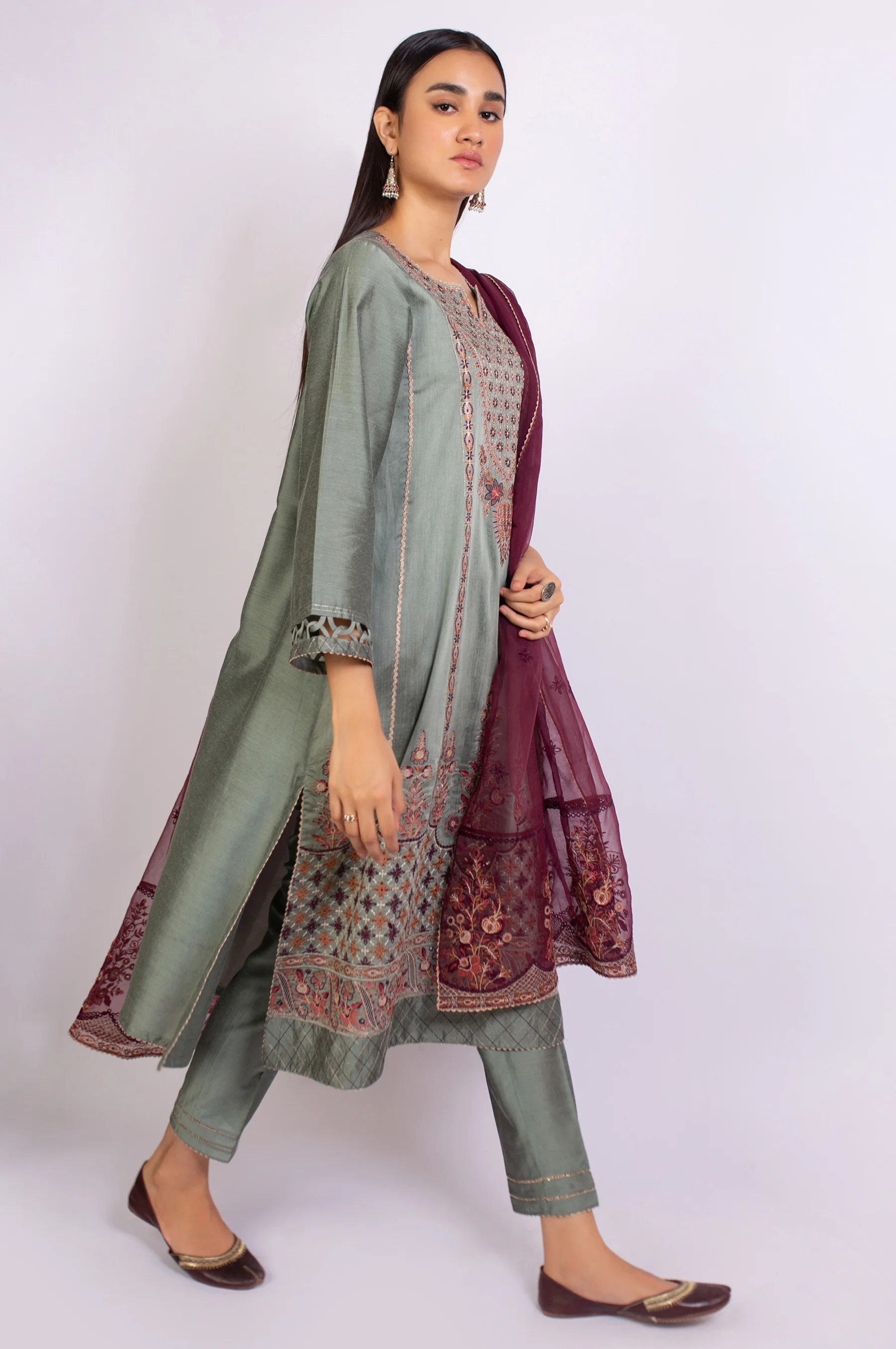 3 Piece Unstitched Embroidered Cotton Silk Suit - Image 2