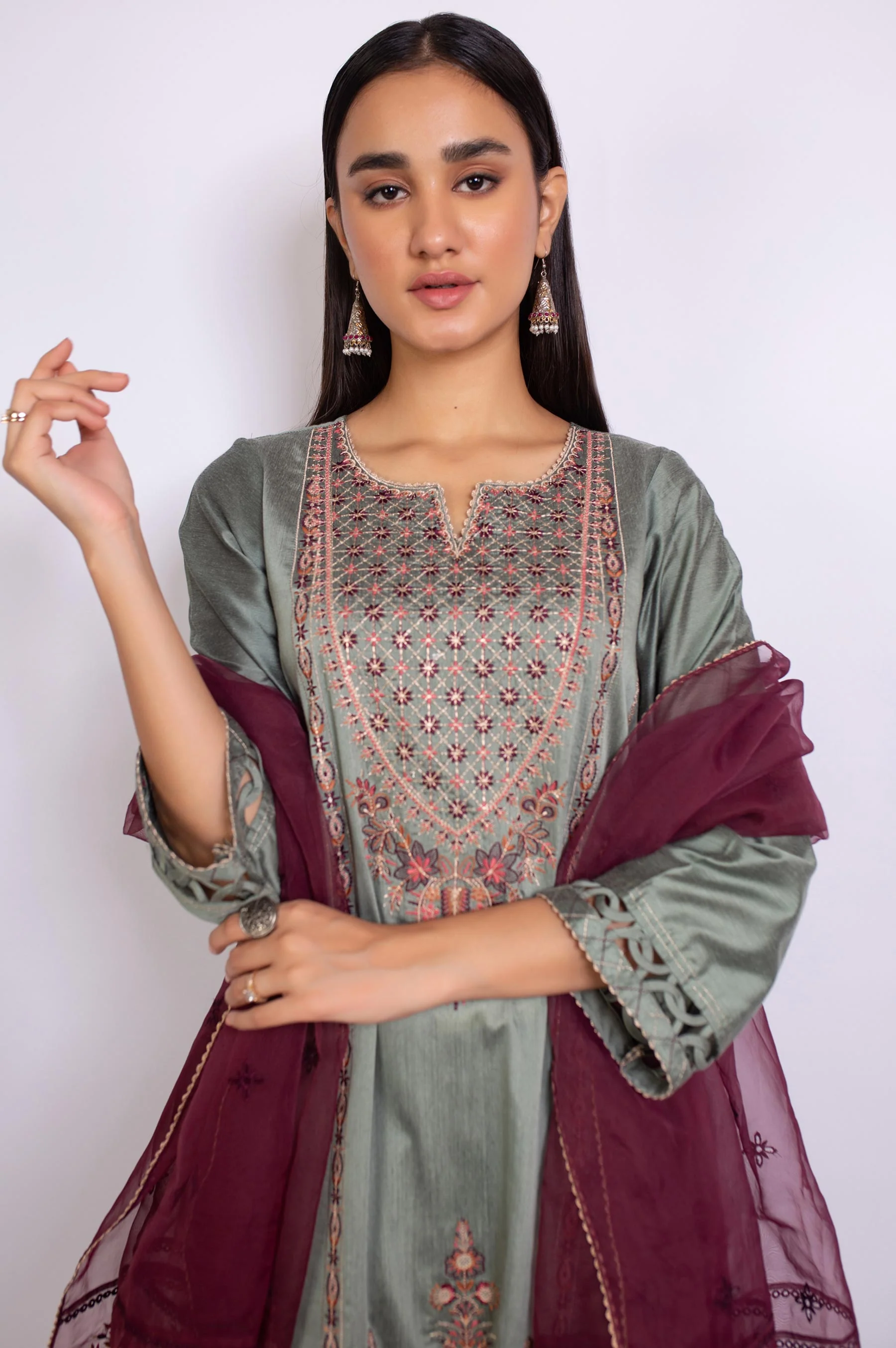 3 Piece Unstitched Embroidered Cotton Silk Suit - Image 3