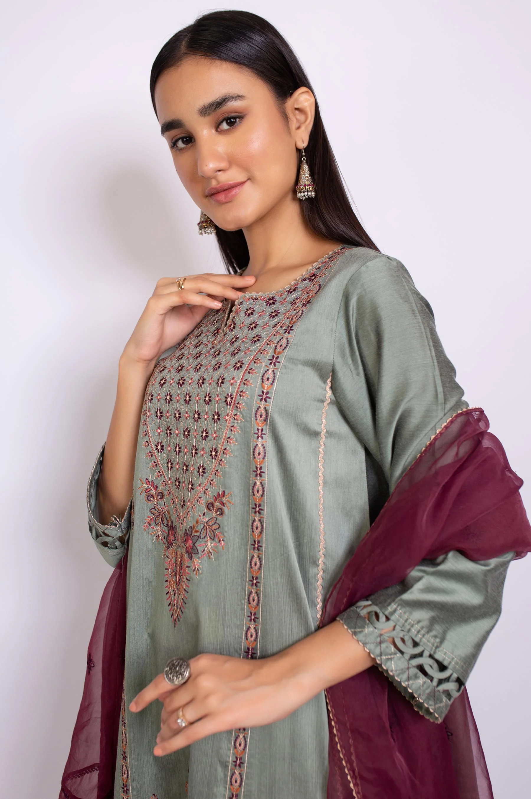 3 Piece Unstitched Embroidered Cotton Silk Suit - Image 4