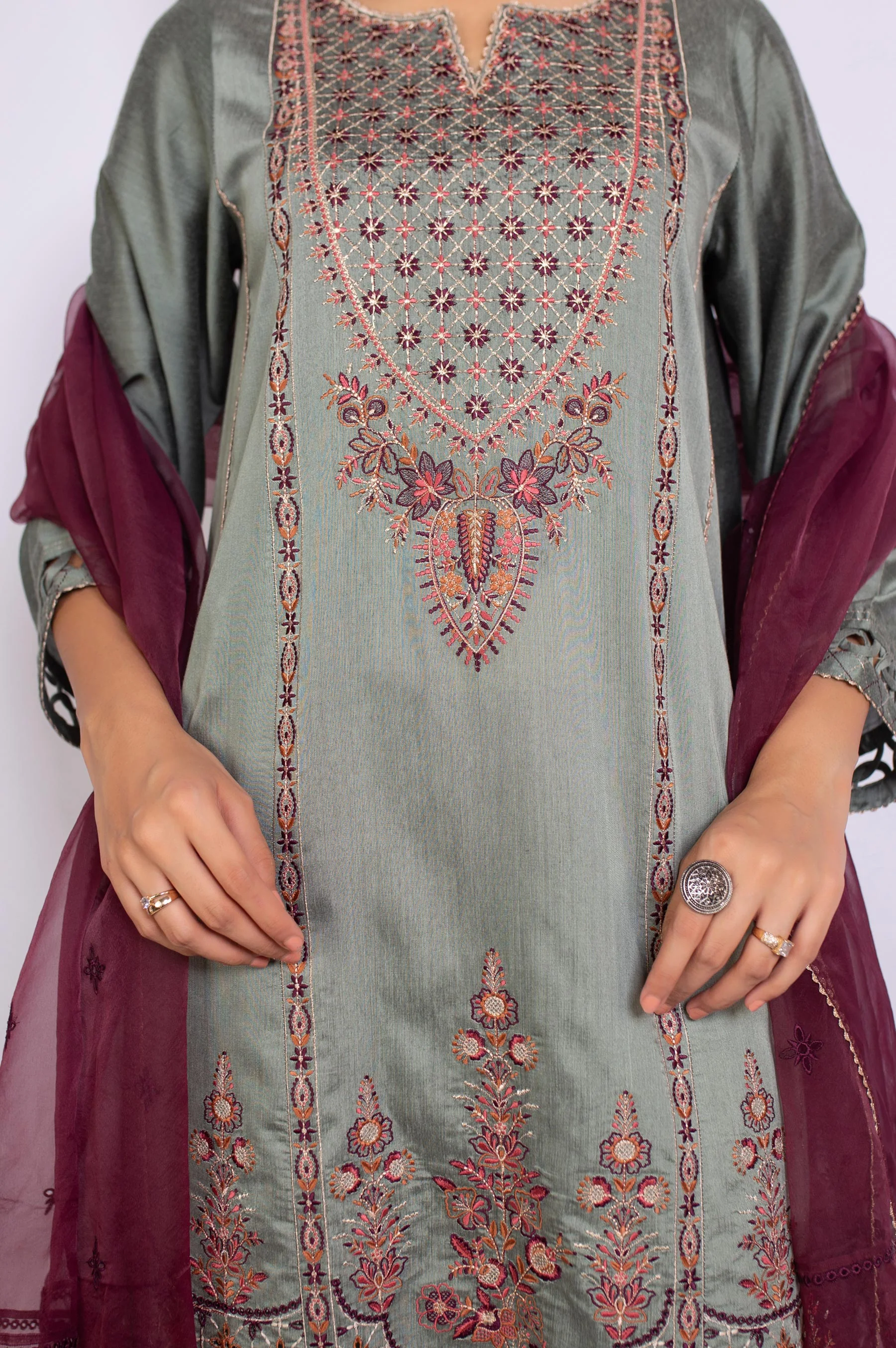 3 Piece Unstitched Embroidered Cotton Silk Suit - Image 5