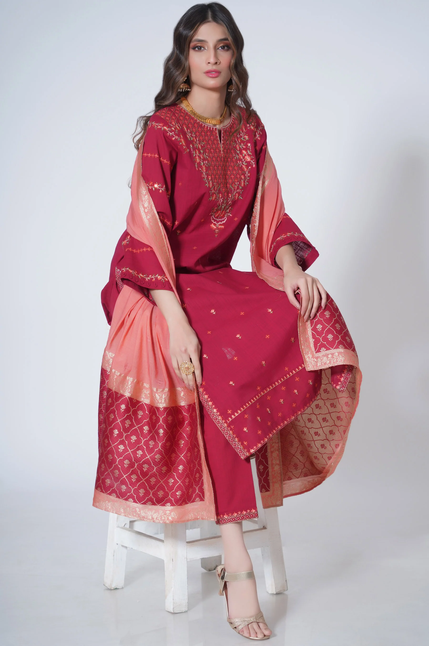 3 Piece Unstitched Embroidered Cotton Slub Suit