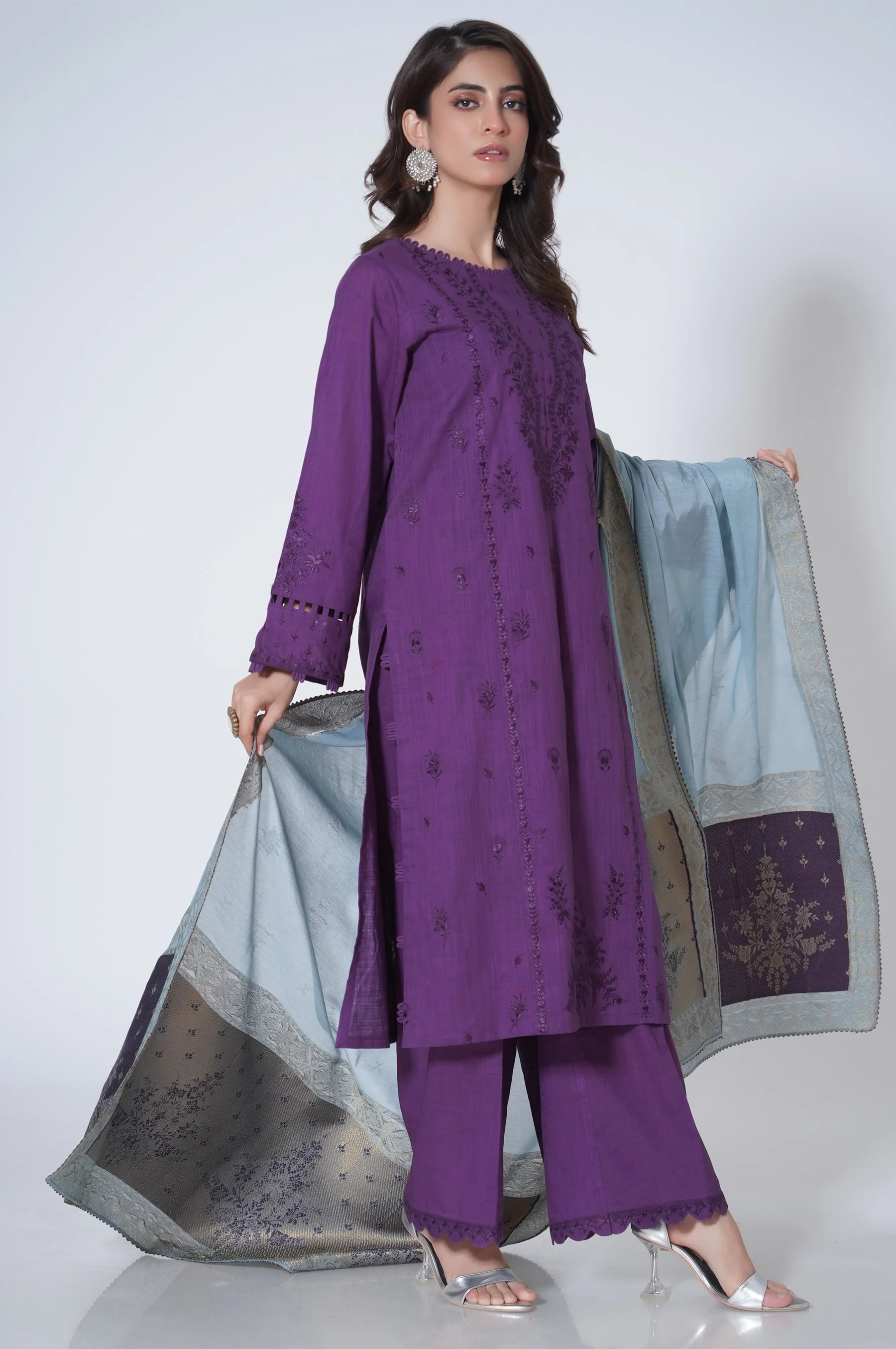 3 Piece Unstitched Embroidered Cotton Slub Suit - Image 2