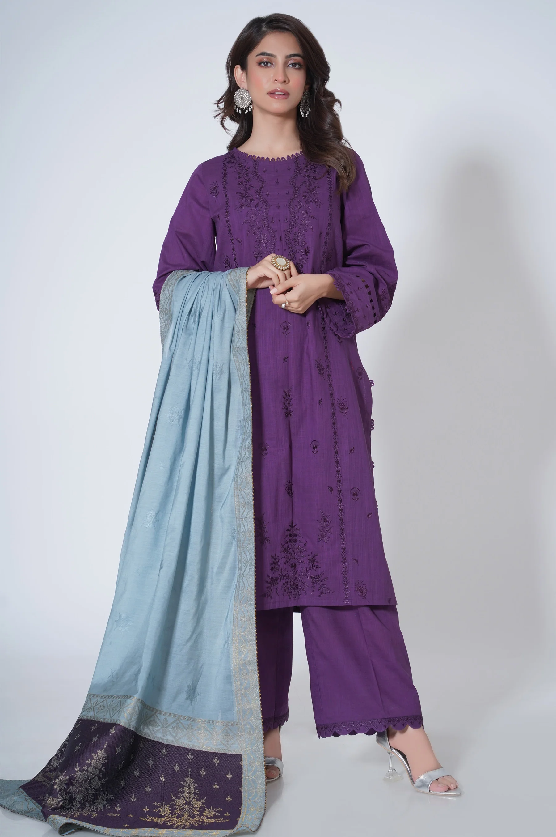 3 Piece Unstitched Embroidered Cotton Slub Suit - Image 3