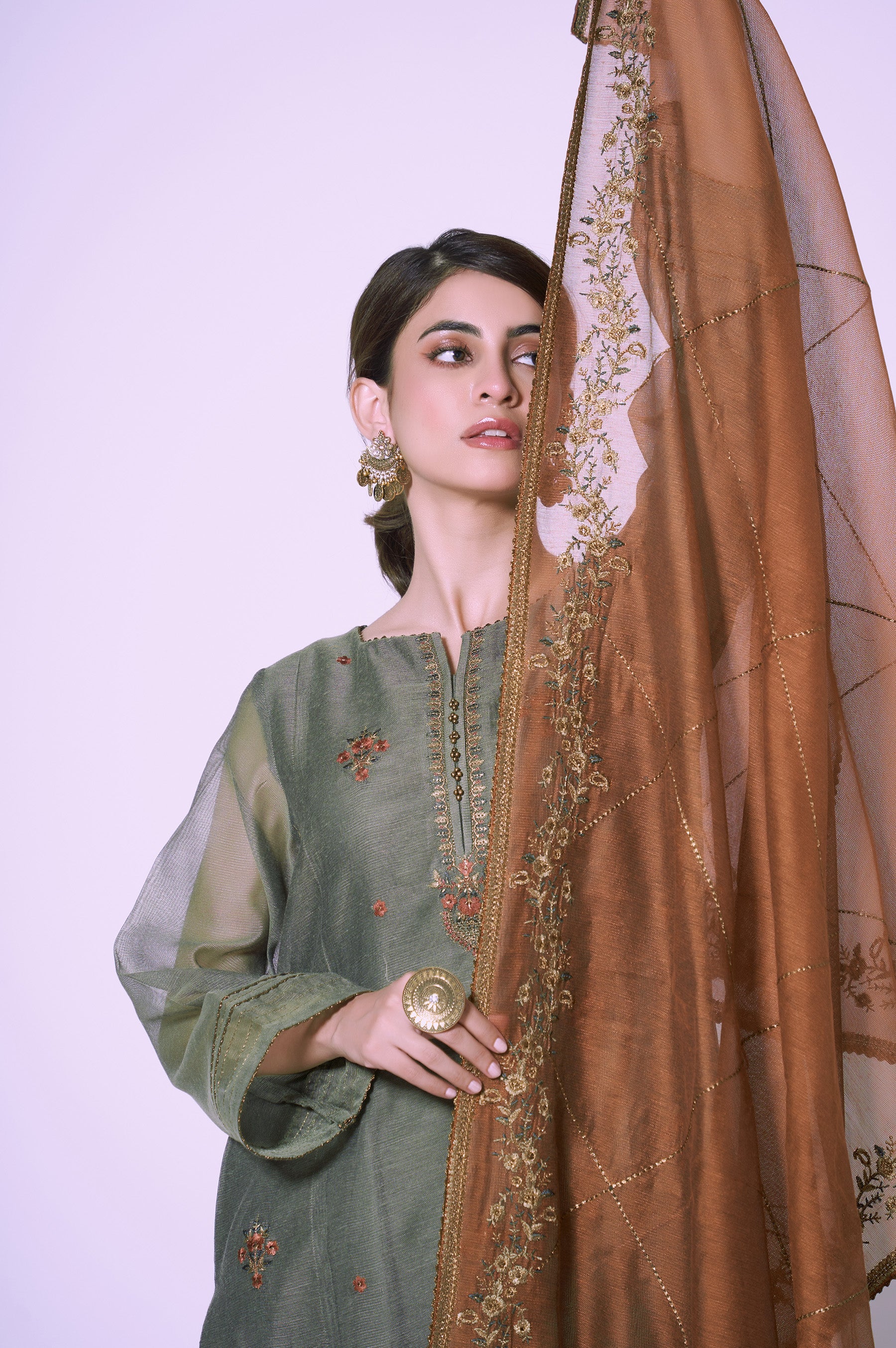 3 Piece Unstitched Embroidered Khadi Net Suit - Image 3