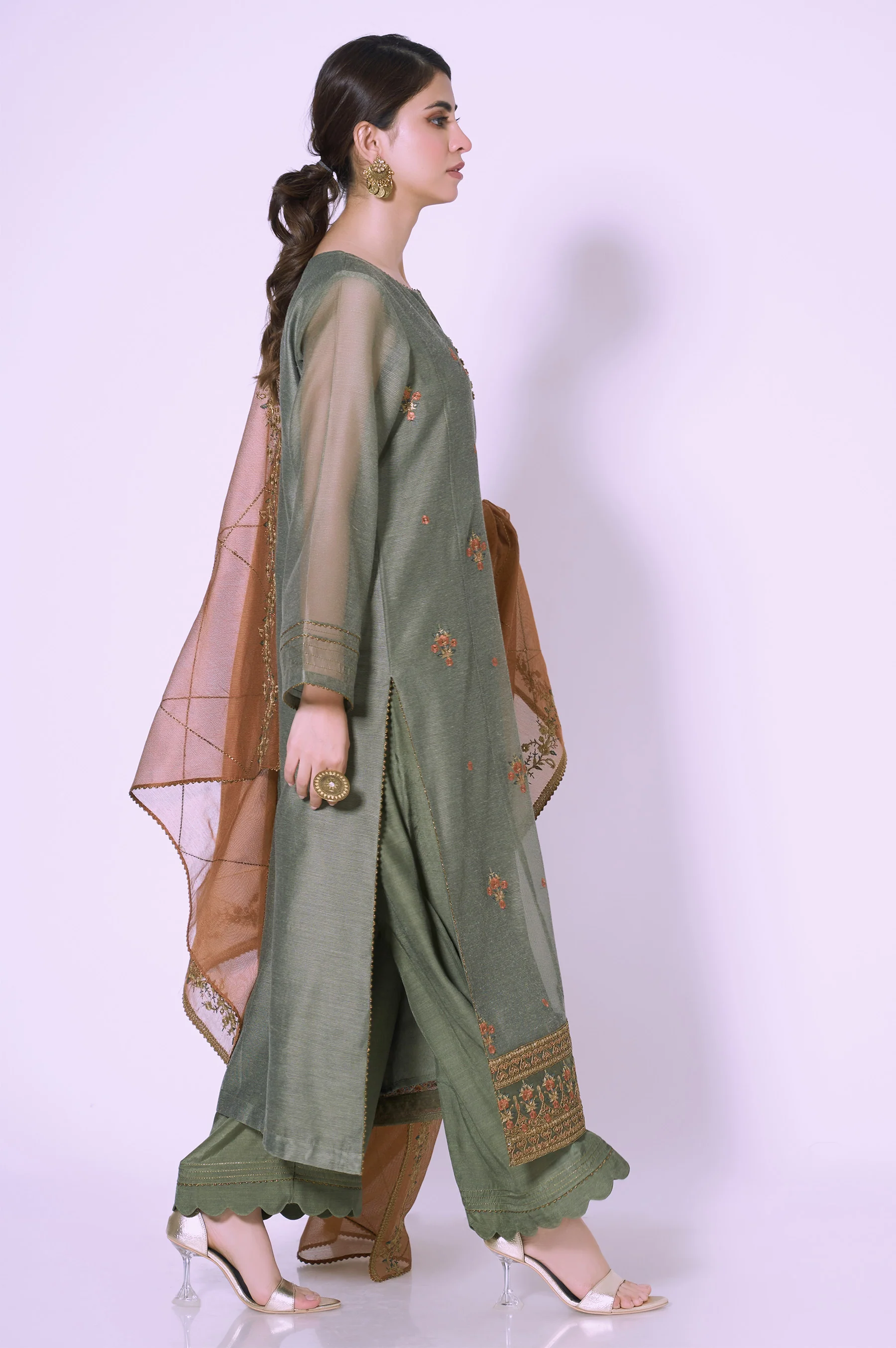 3 Piece Unstitched Embroidered Khadi Net Suit - Image 4
