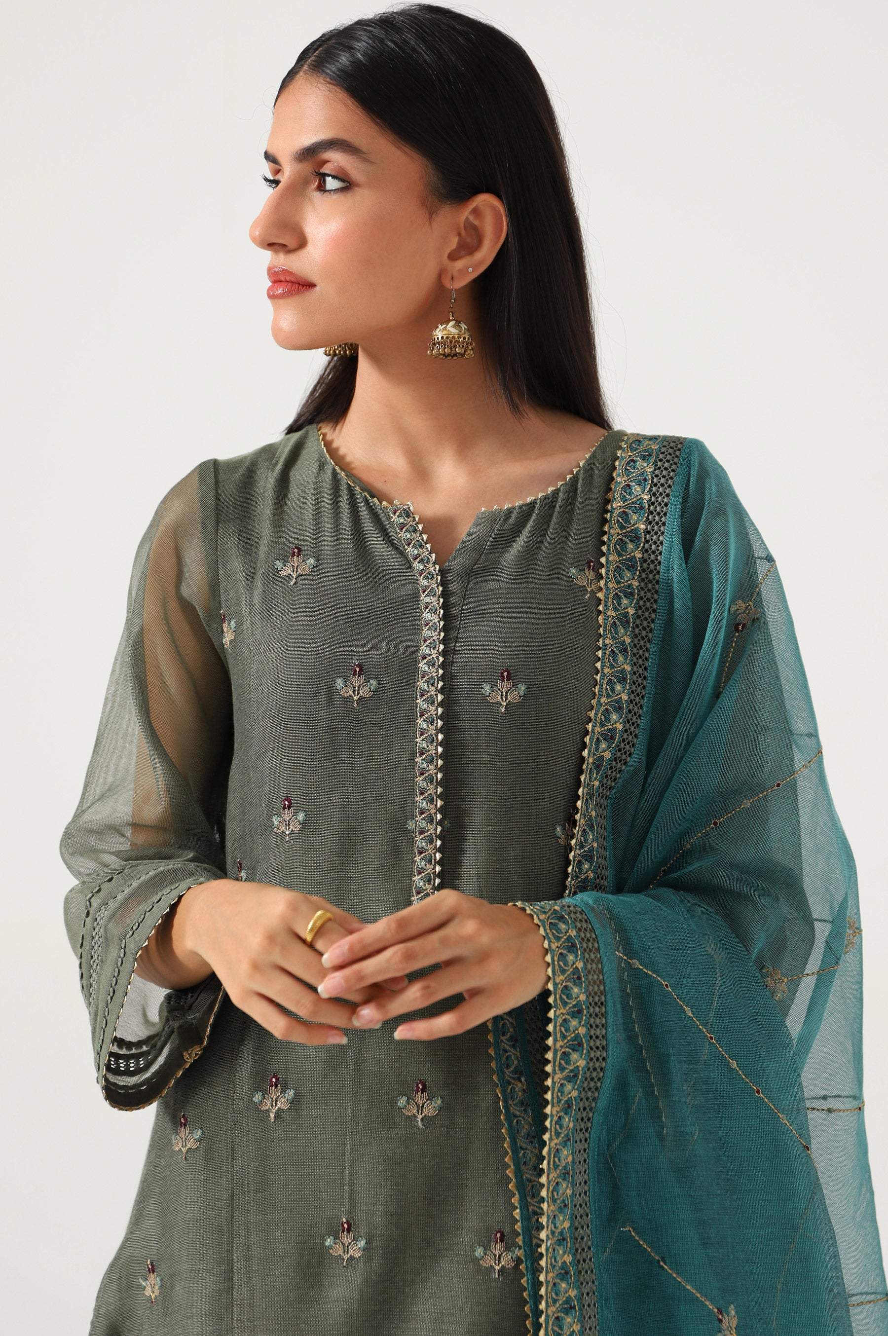 3 piece Unstitched Embroidered Khaddi Net Suit