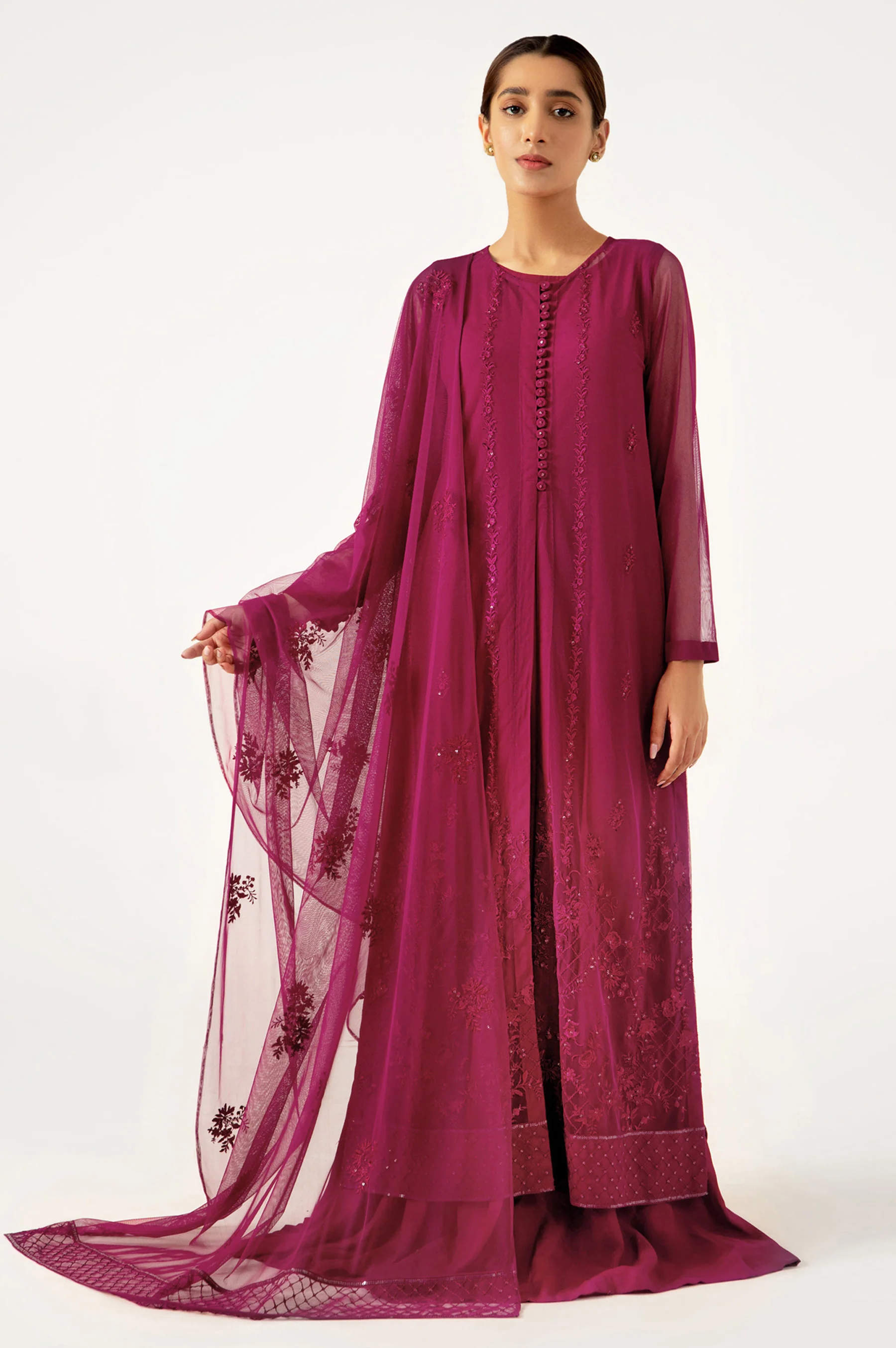 3 Piece Unstitched Embroidered Net Suit