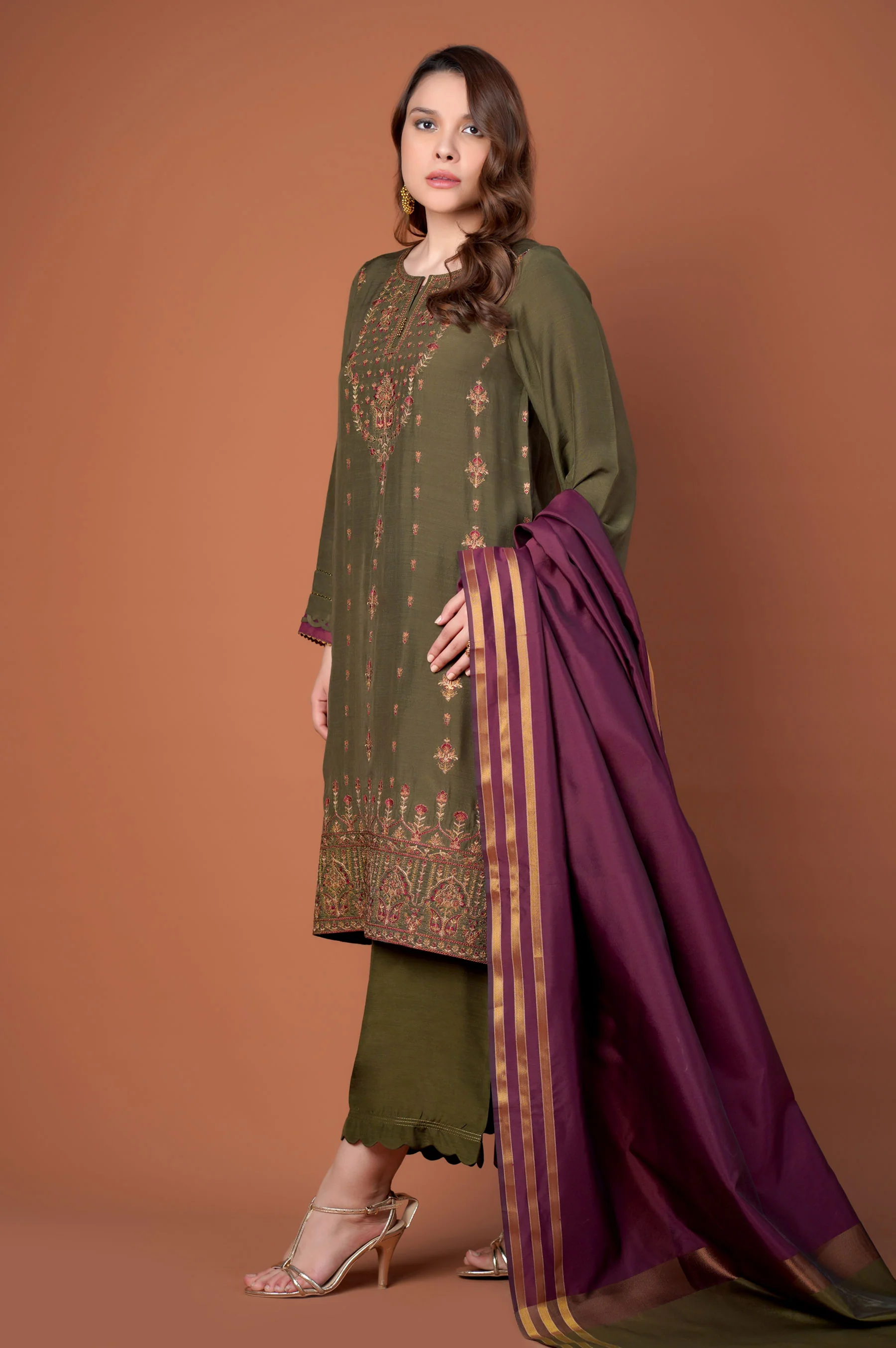 3 Piece Unstitched Embroidered Raw Silk Suit - Image 3