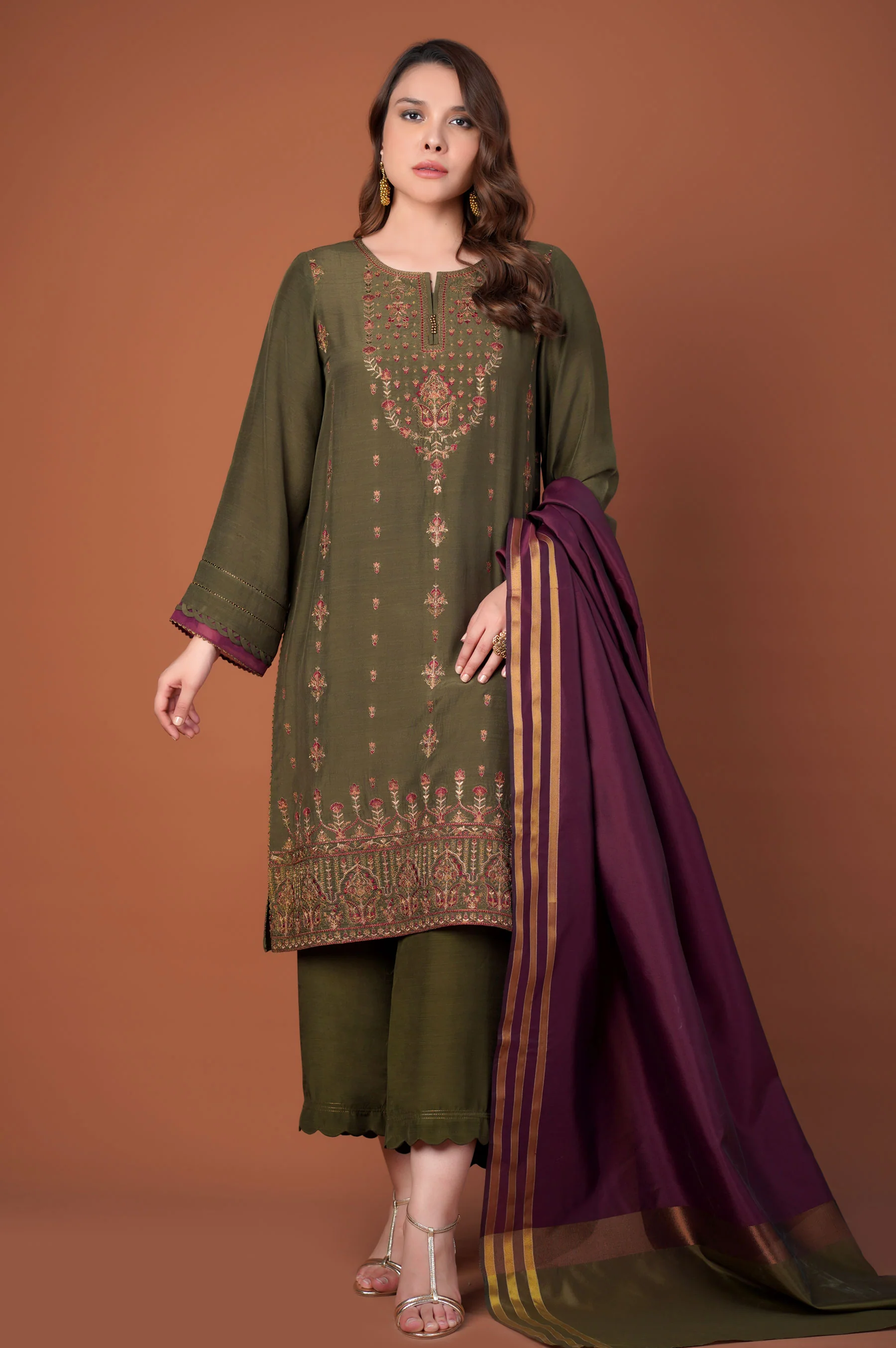 3 Piece Unstitched Embroidered Raw Silk Suit - Image 4