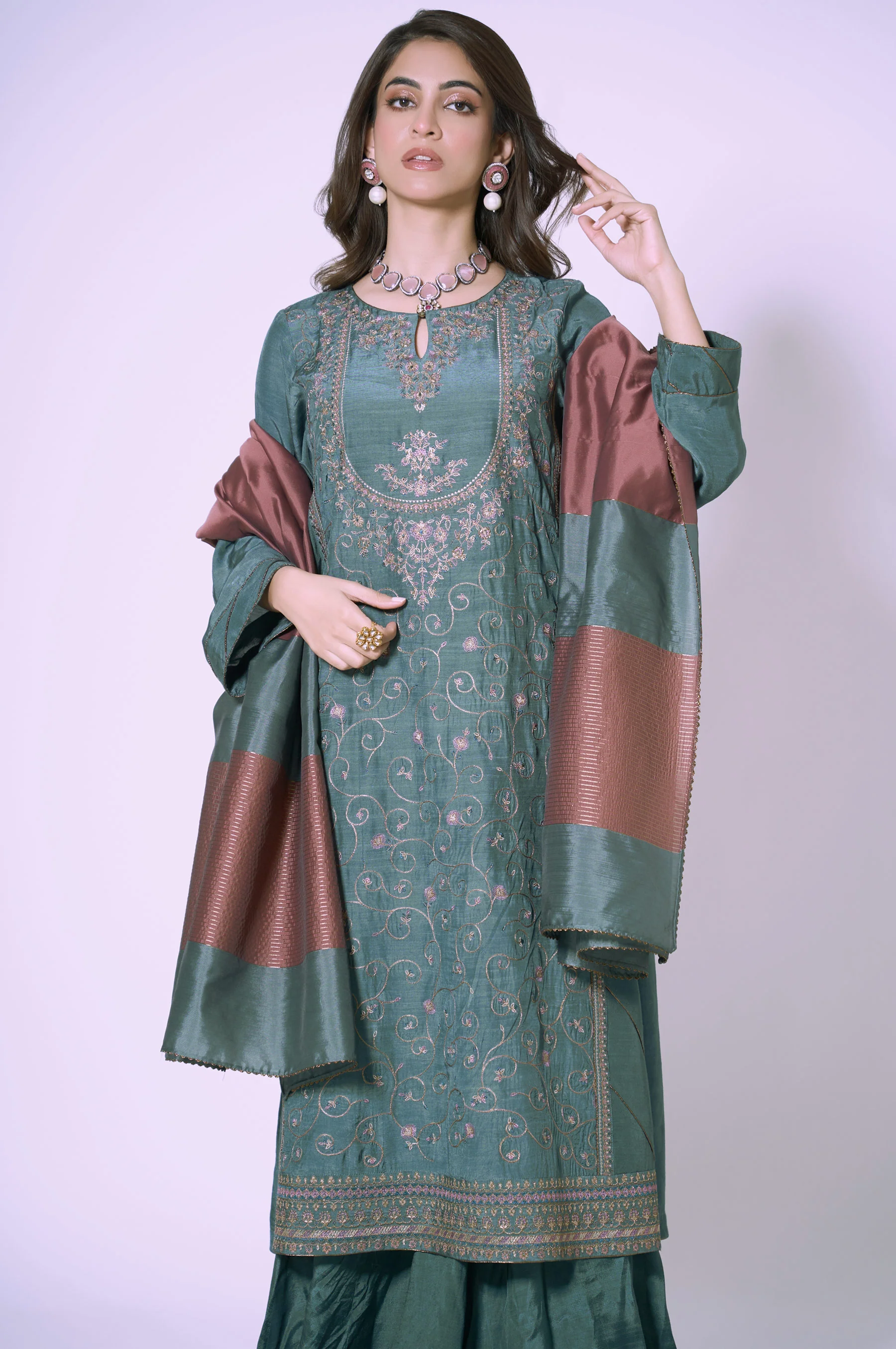 3 Piece Unstitched Embroidered Raw Silk Suit - Image 5