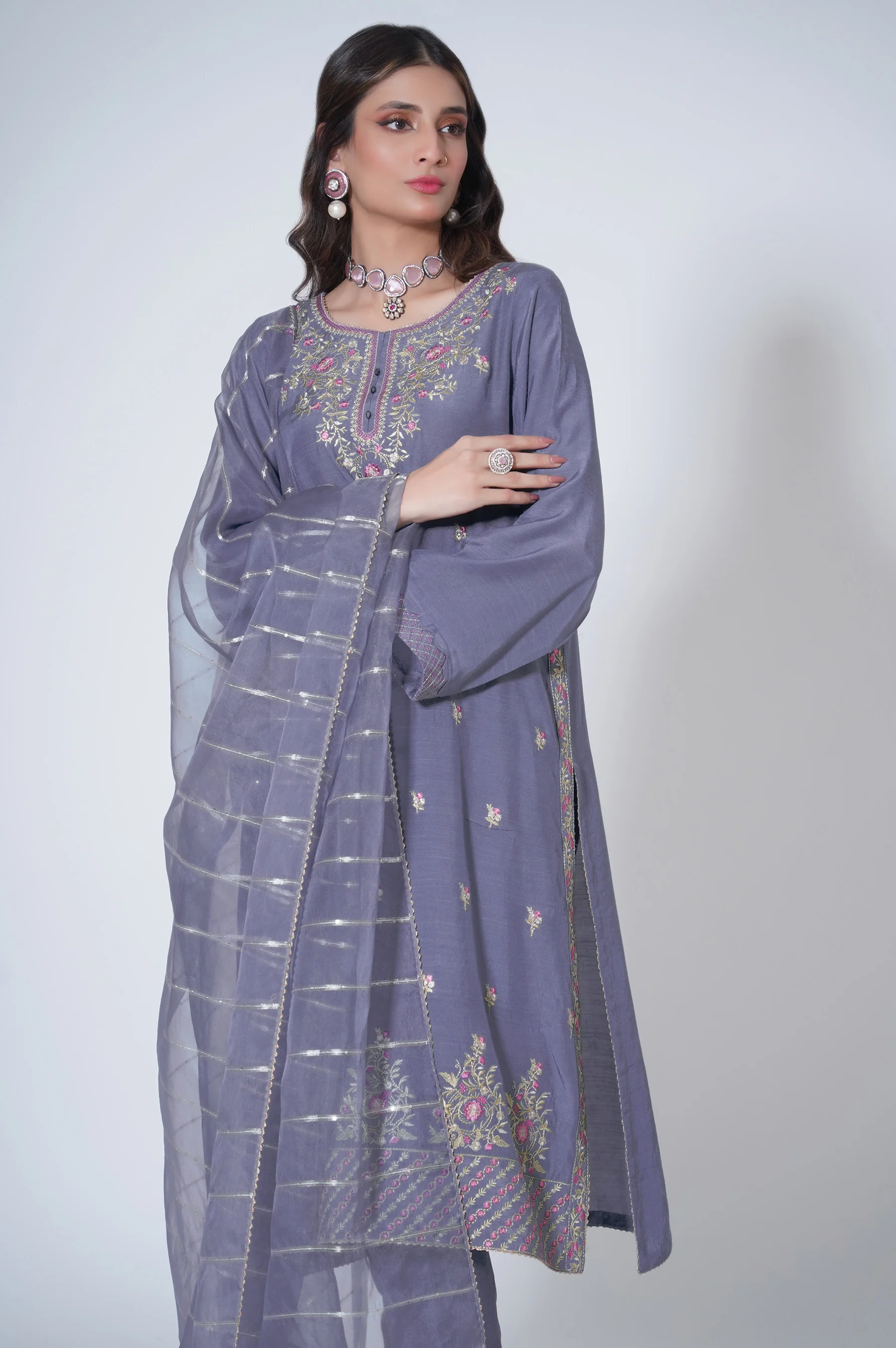 3 Piece Unstitched Embroidered Raw silk Suit - Image 2