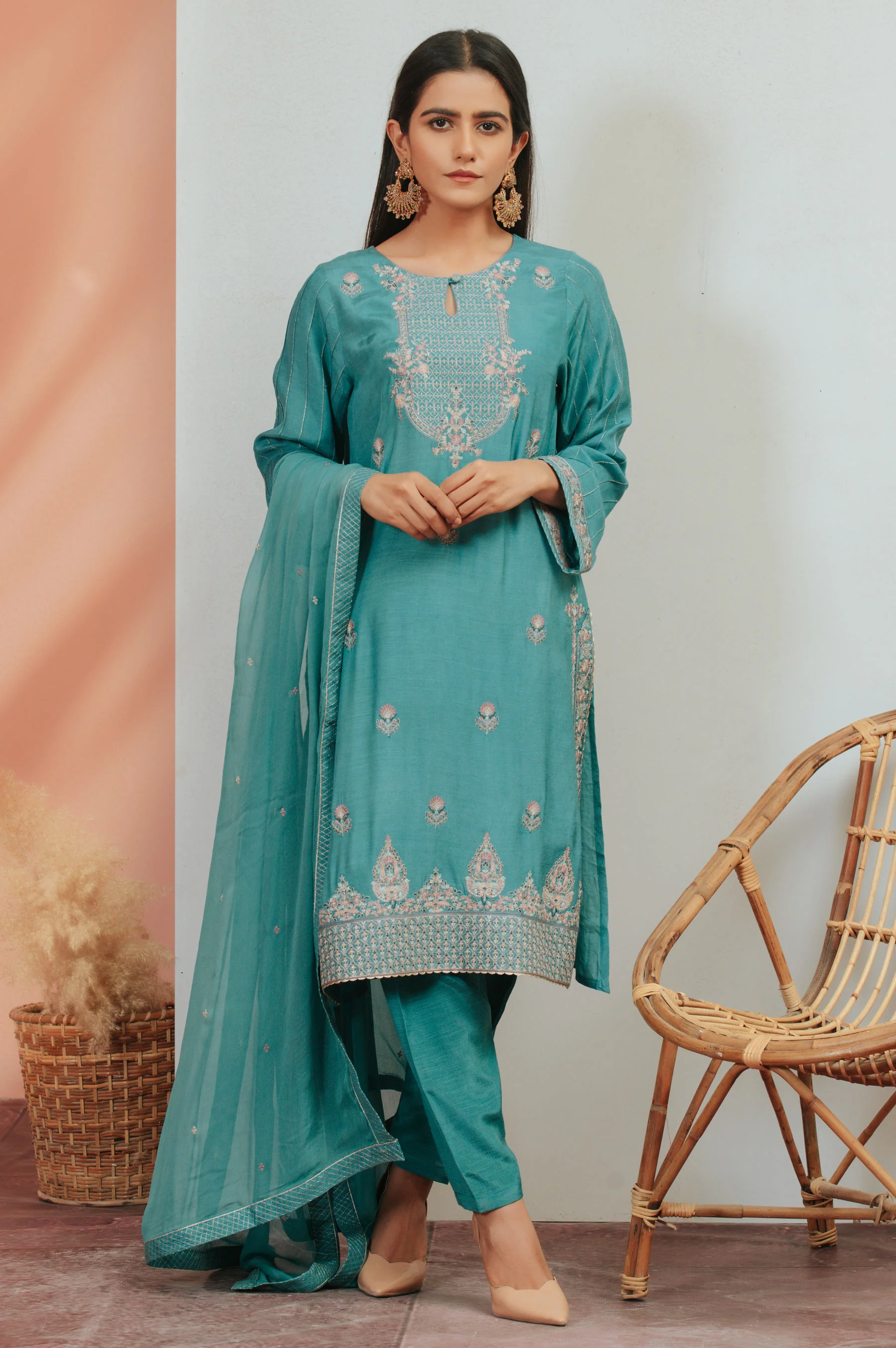 3 Piece Unstitched Embroidered Raw Silk Suit With Chiffon Dupatta