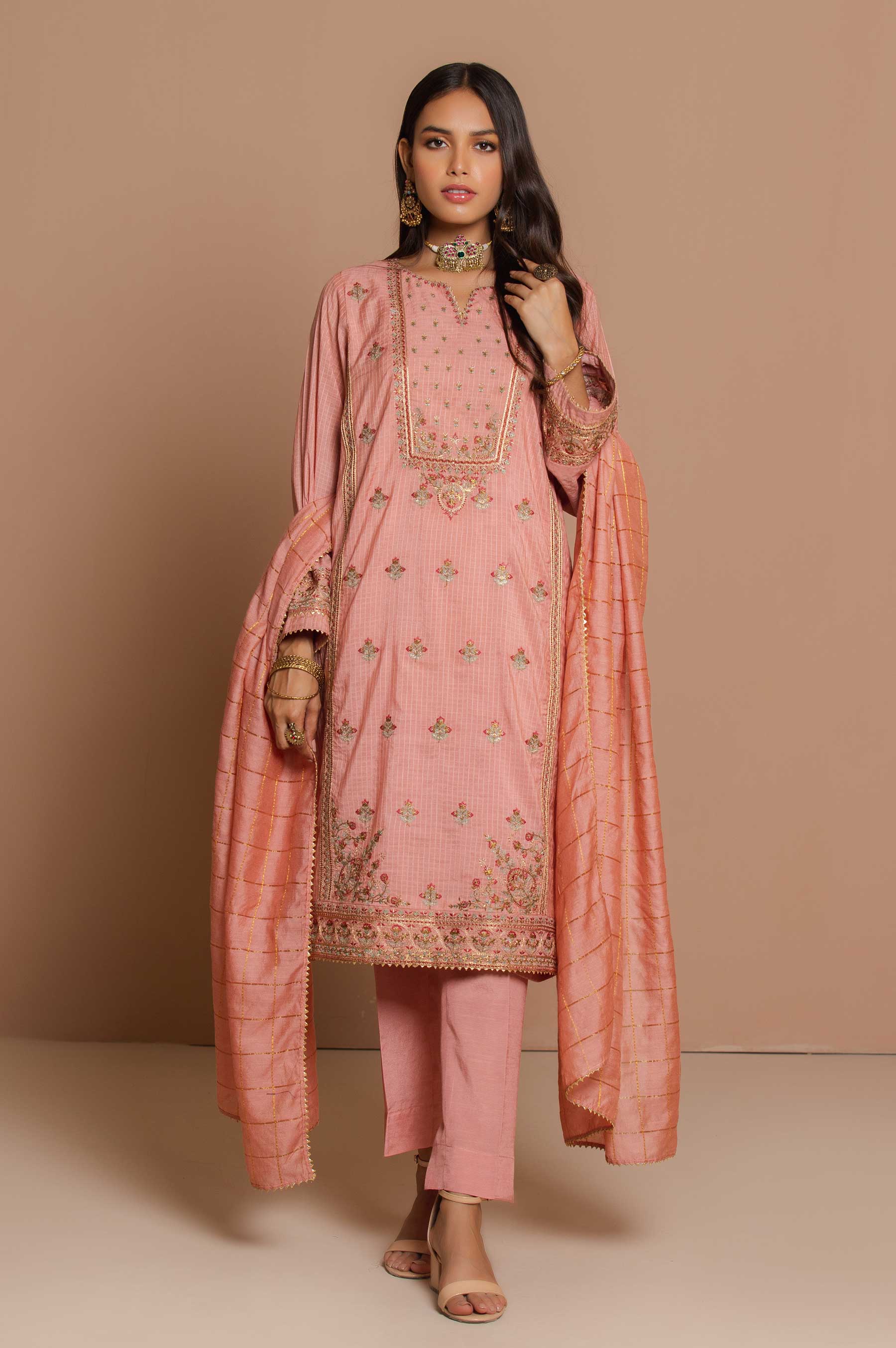 3 Piece Unstitched Embroidered Slub Check Suit