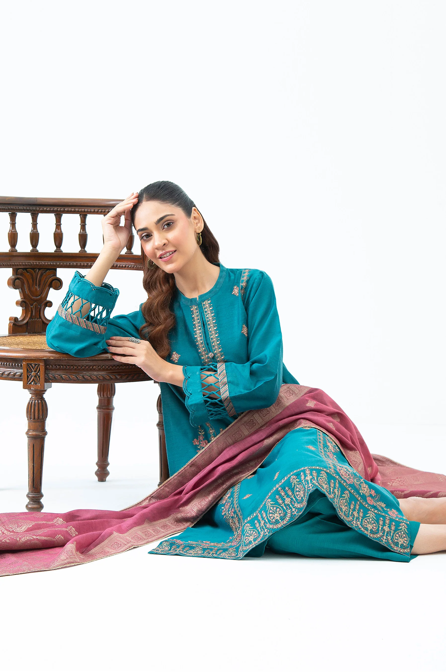 EMBROIDERED COTTON NET UNSTITCHED 3 PIECE SUIT - Image 5