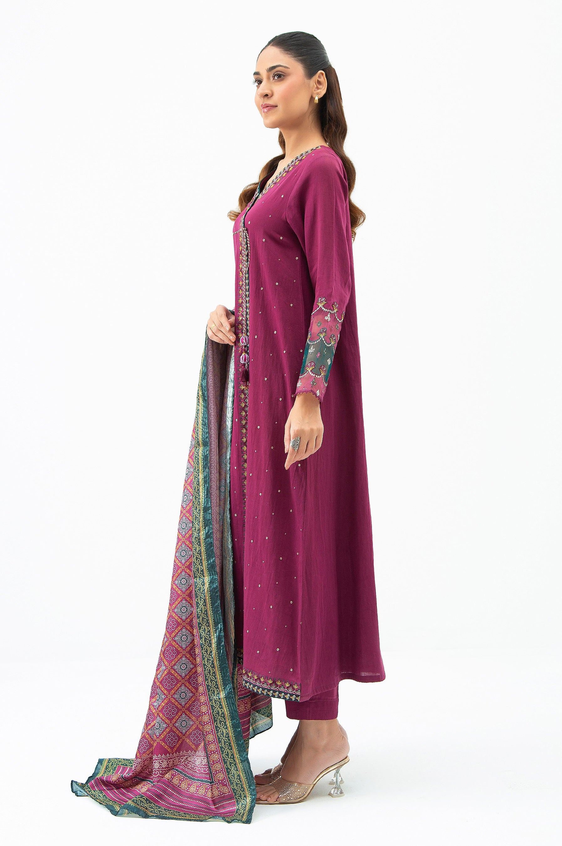 EMBROIDERED COTTON SATIN UNSTITCHED 3 PIECE SUIT - Image 4