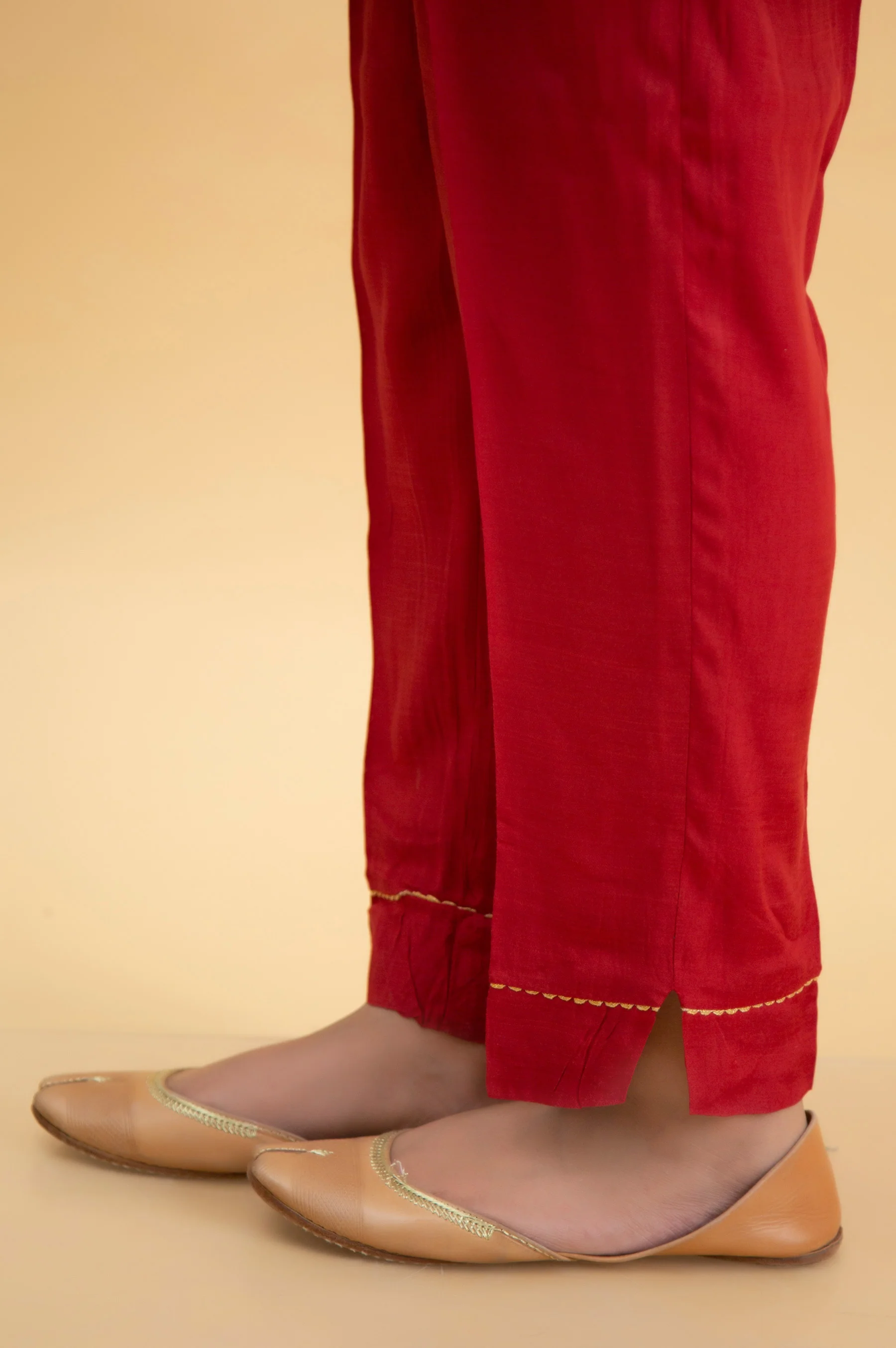 Basic Raw Silk Cigarette Pants - Maroon - Image 2
