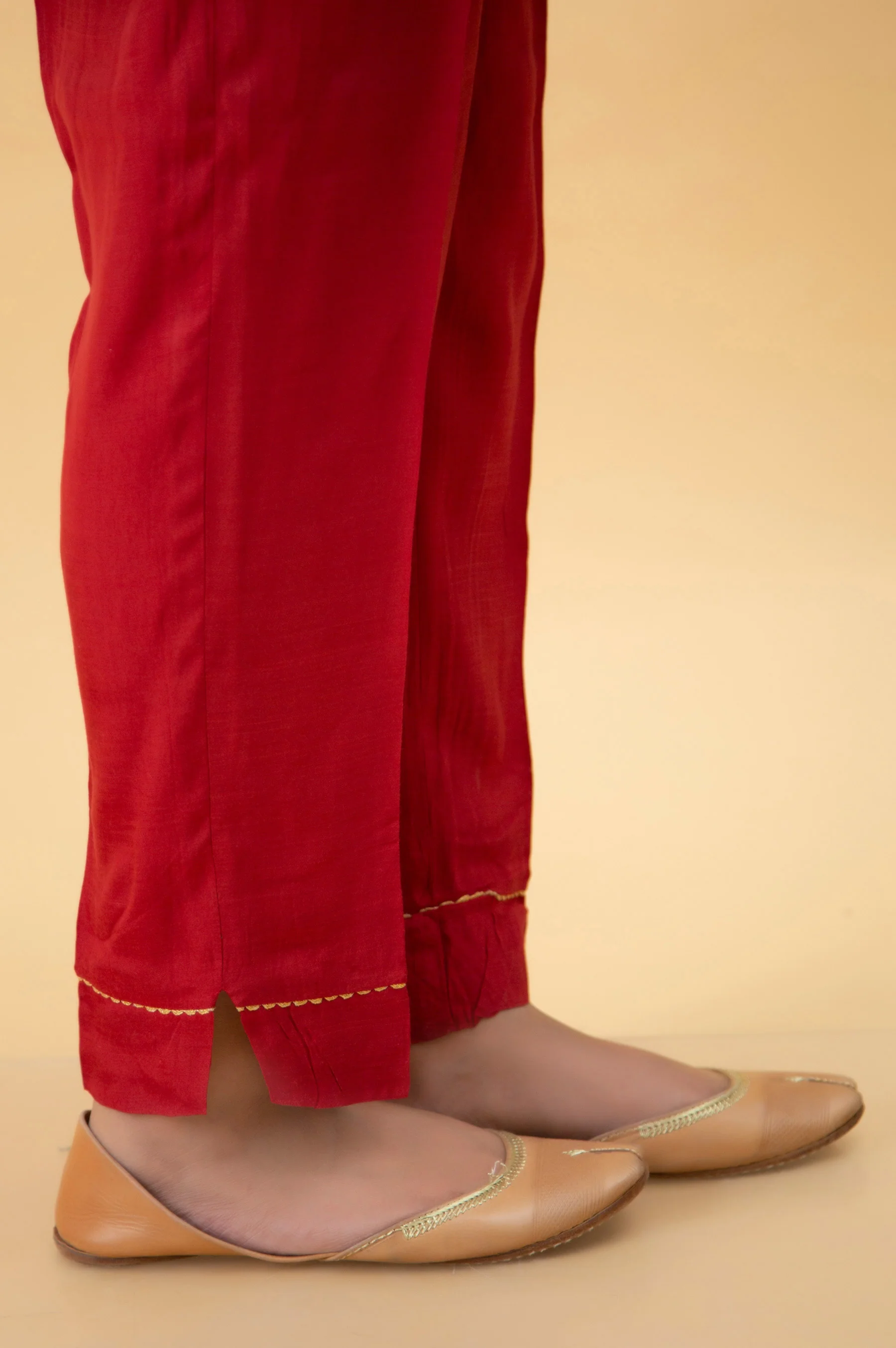 Basic Raw Silk Cigarette Pants - Maroon - Image 3