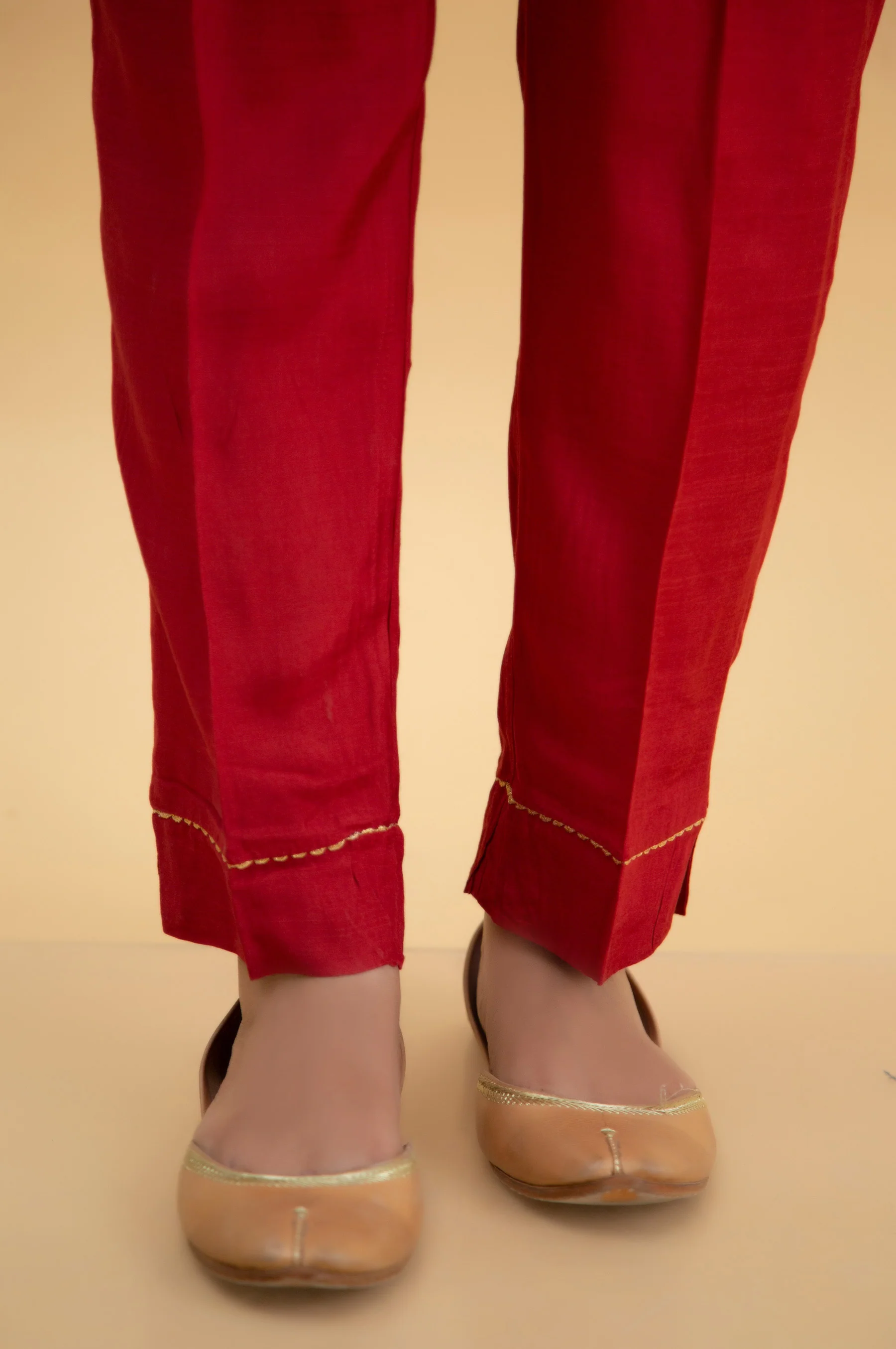 Basic Raw Silk Cigarette Pants - Maroon - Image 4