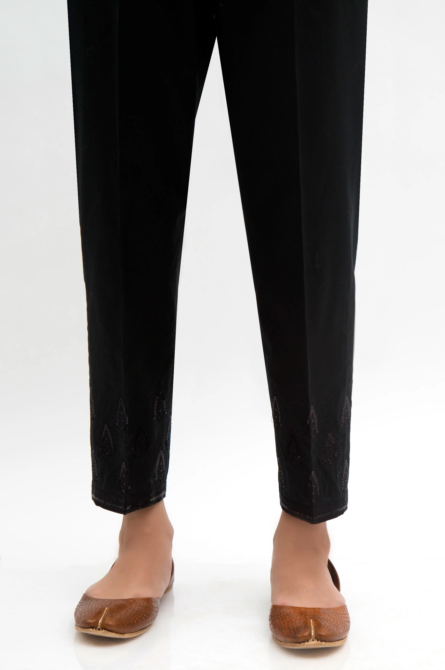 Embroidered Cambric Cigarette Pants - Black