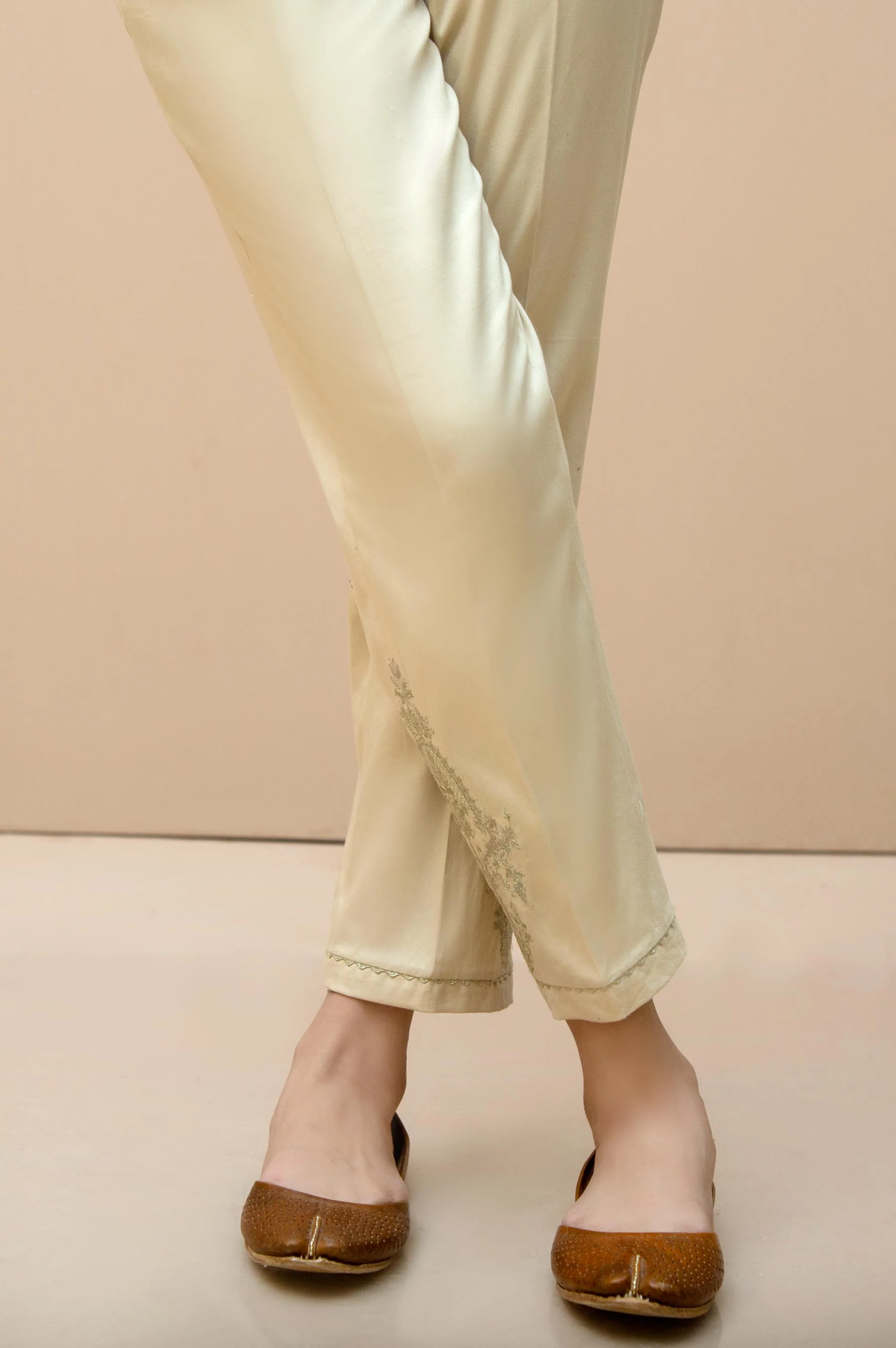 Embroidered Cotton Satin Cigarette Pants  - Beige - Image 2