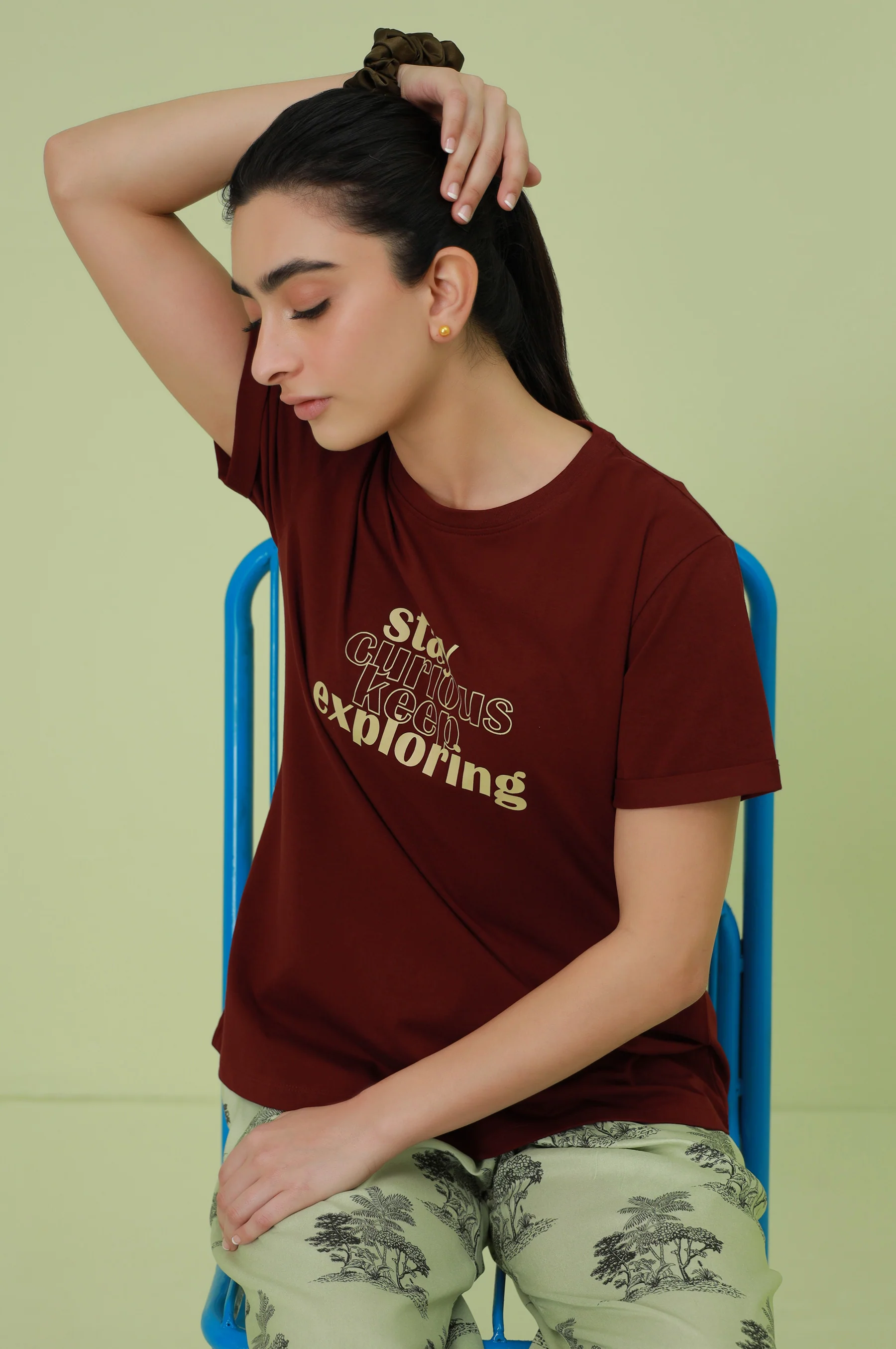 Crew Neck Half Sleeves Tee - Burgundy - Image 7