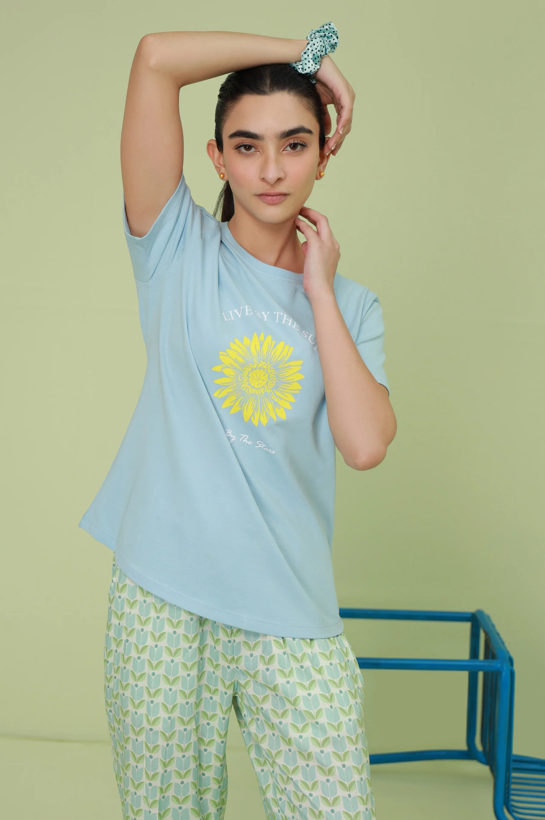 Crew Neck Half Sleeves Tee - Light Blue