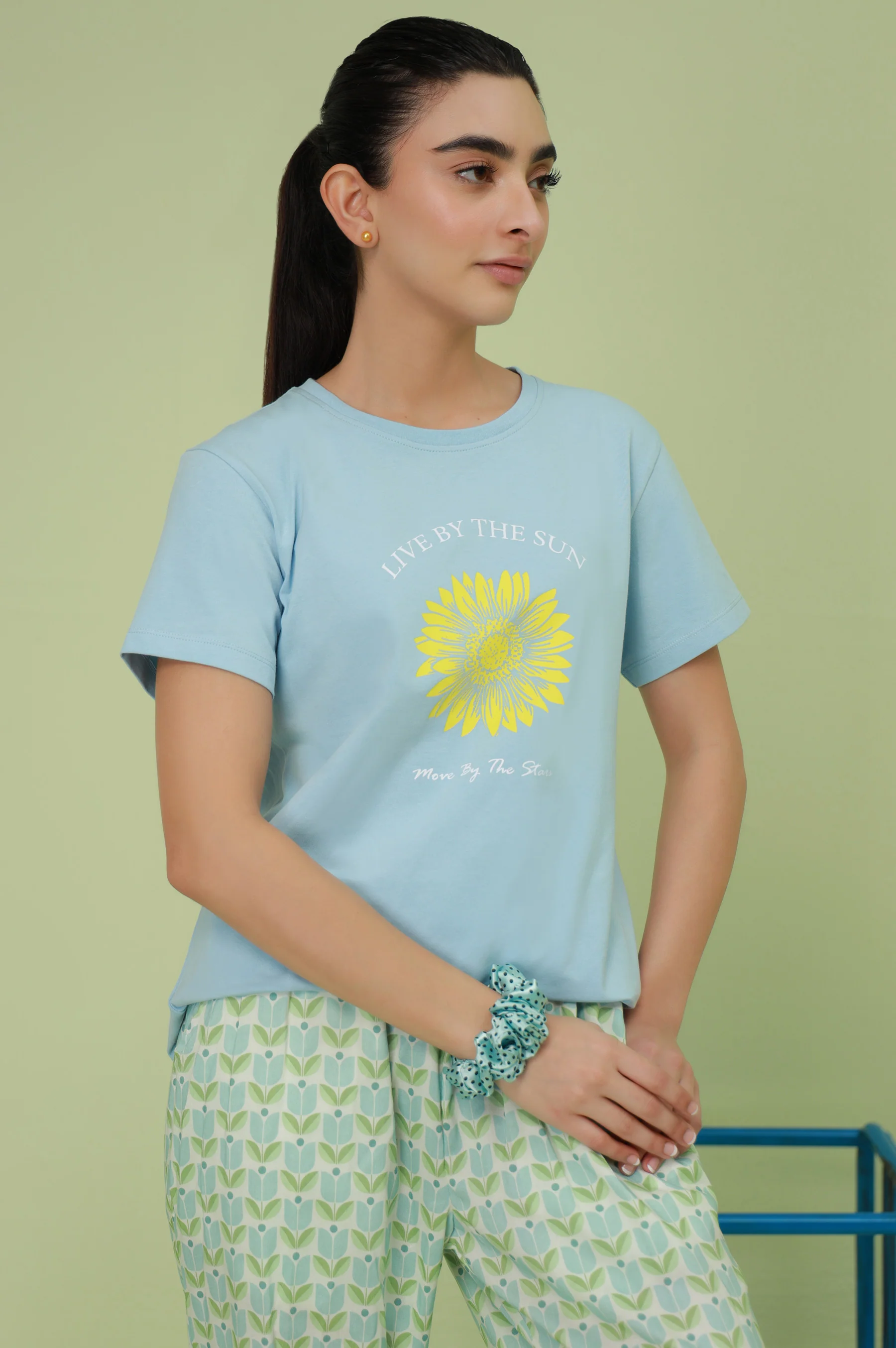 Crew Neck Half Sleeves Tee - Light Blue - Image 2