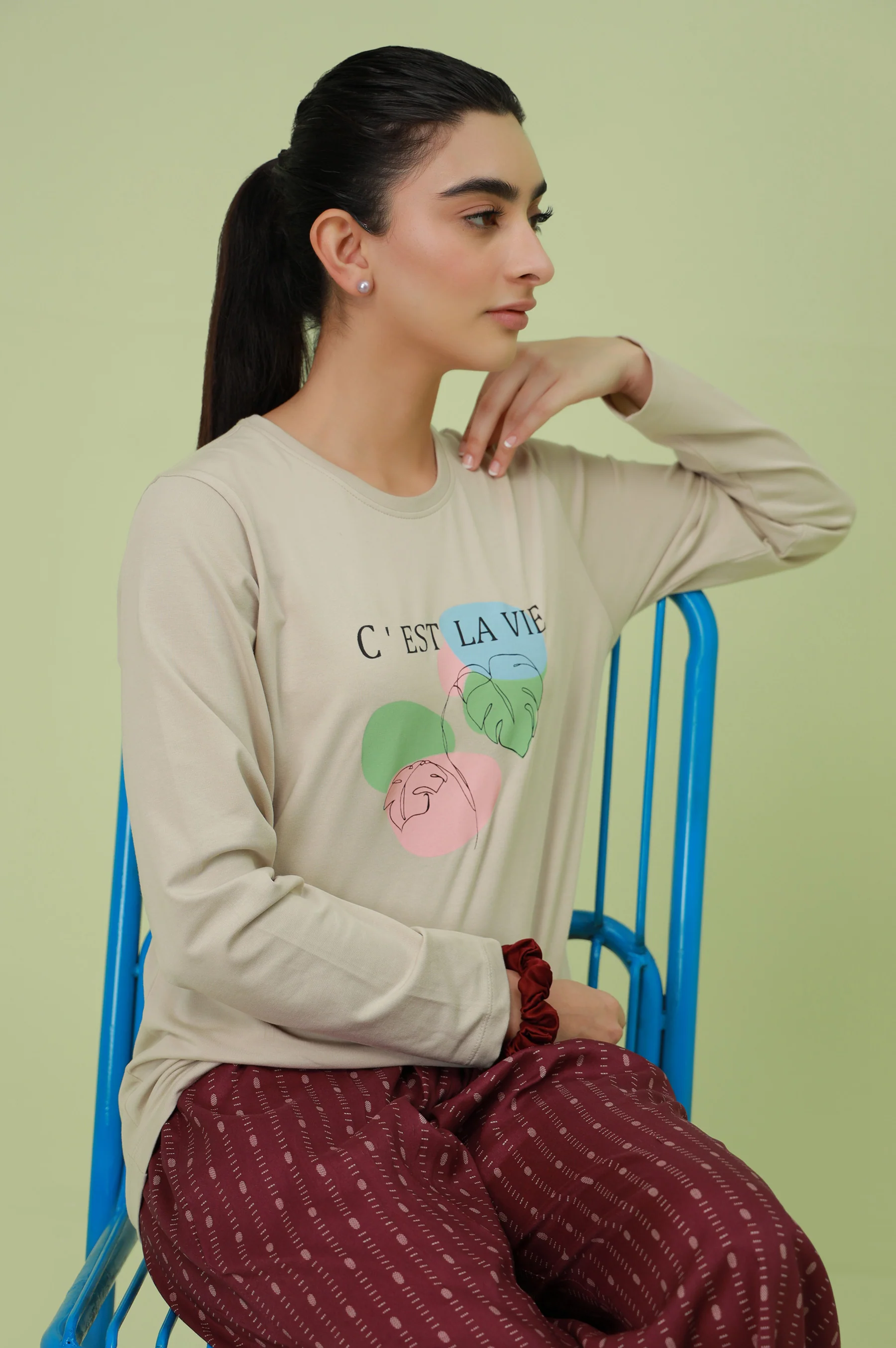 Crew Neck Full Sleeves Tee - Beige - Image 4