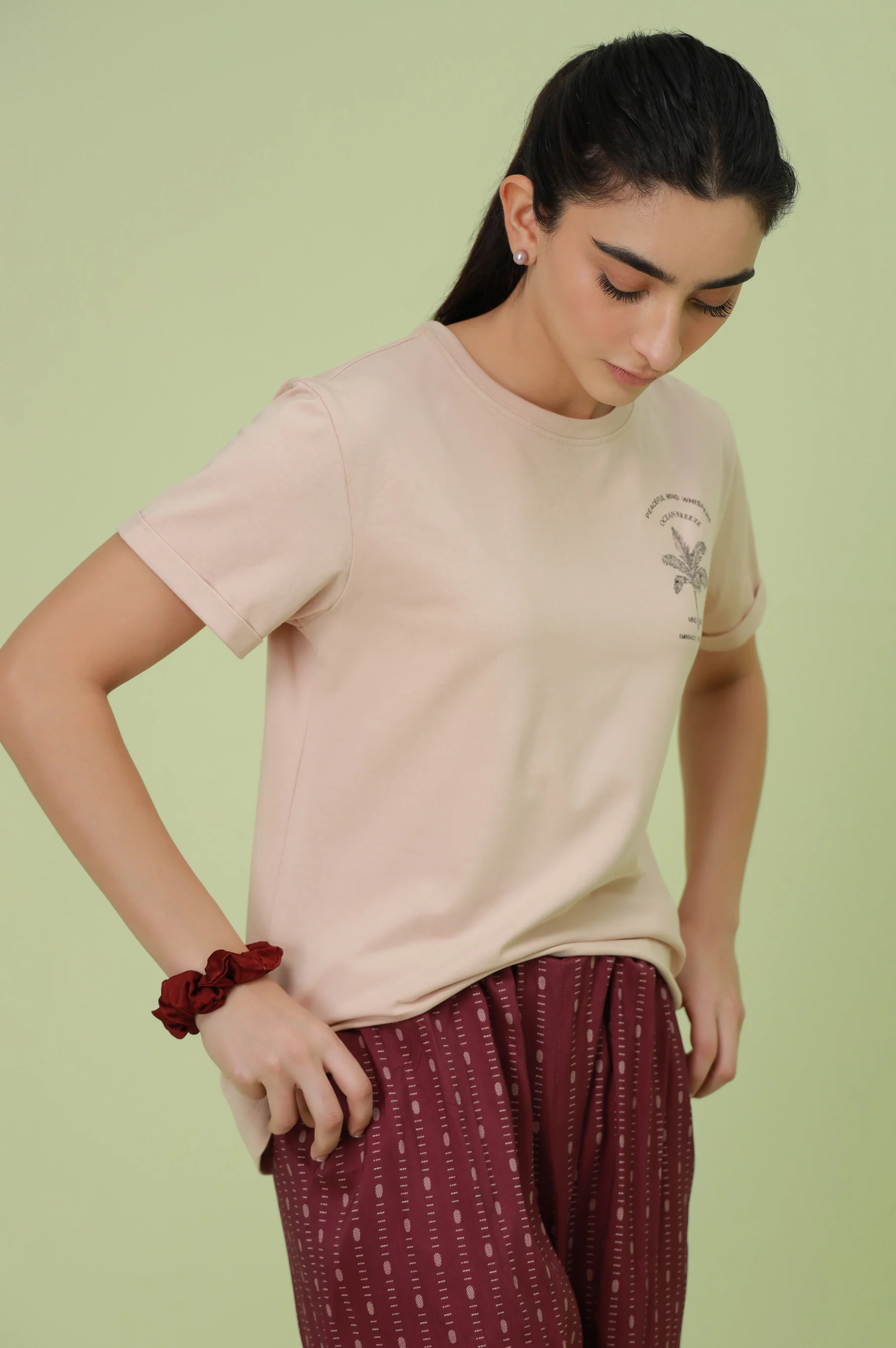 Crew Neck Half Sleeves Tee - Pink - Image 4