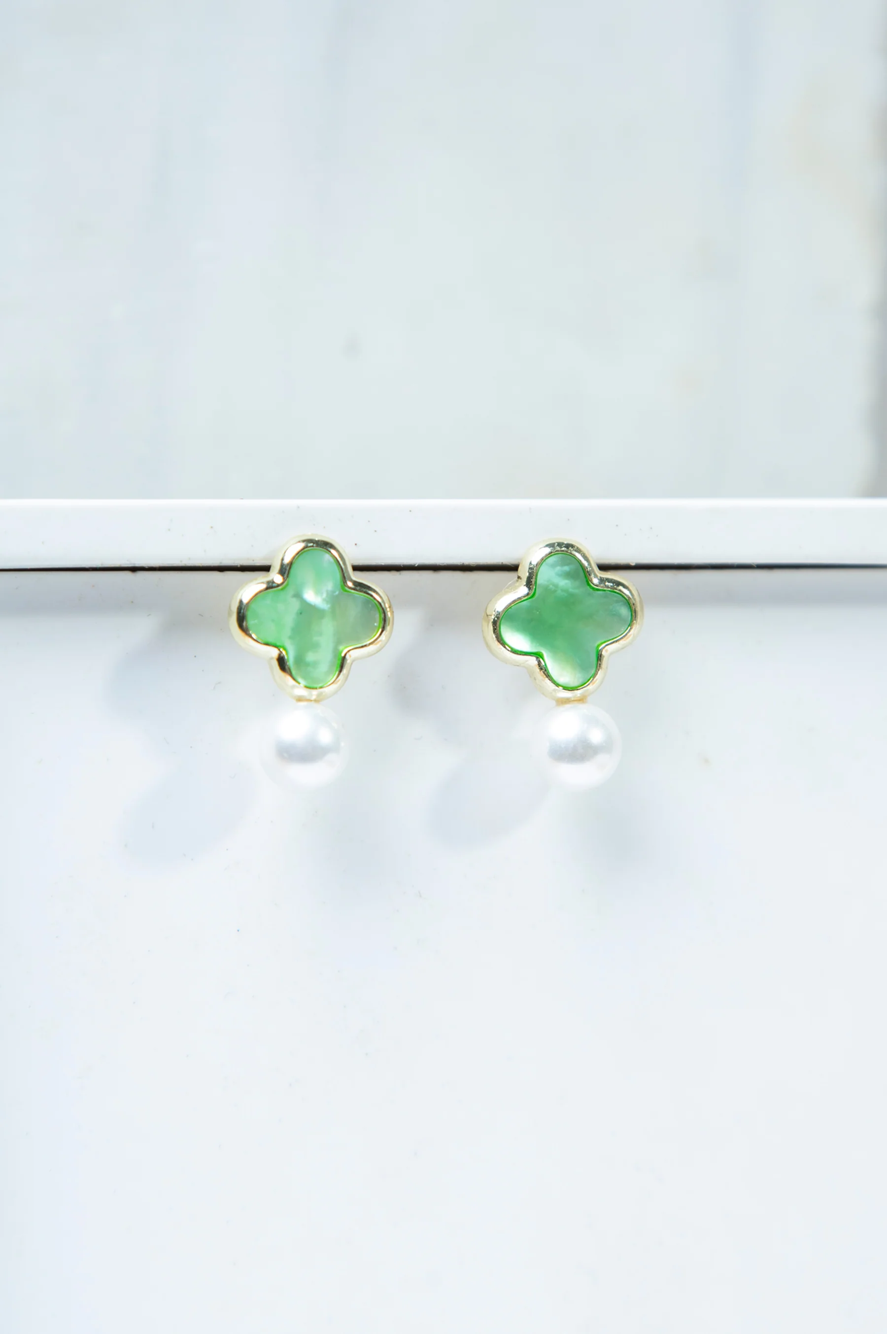 White Pearl Green Stone Earrings - Image 2