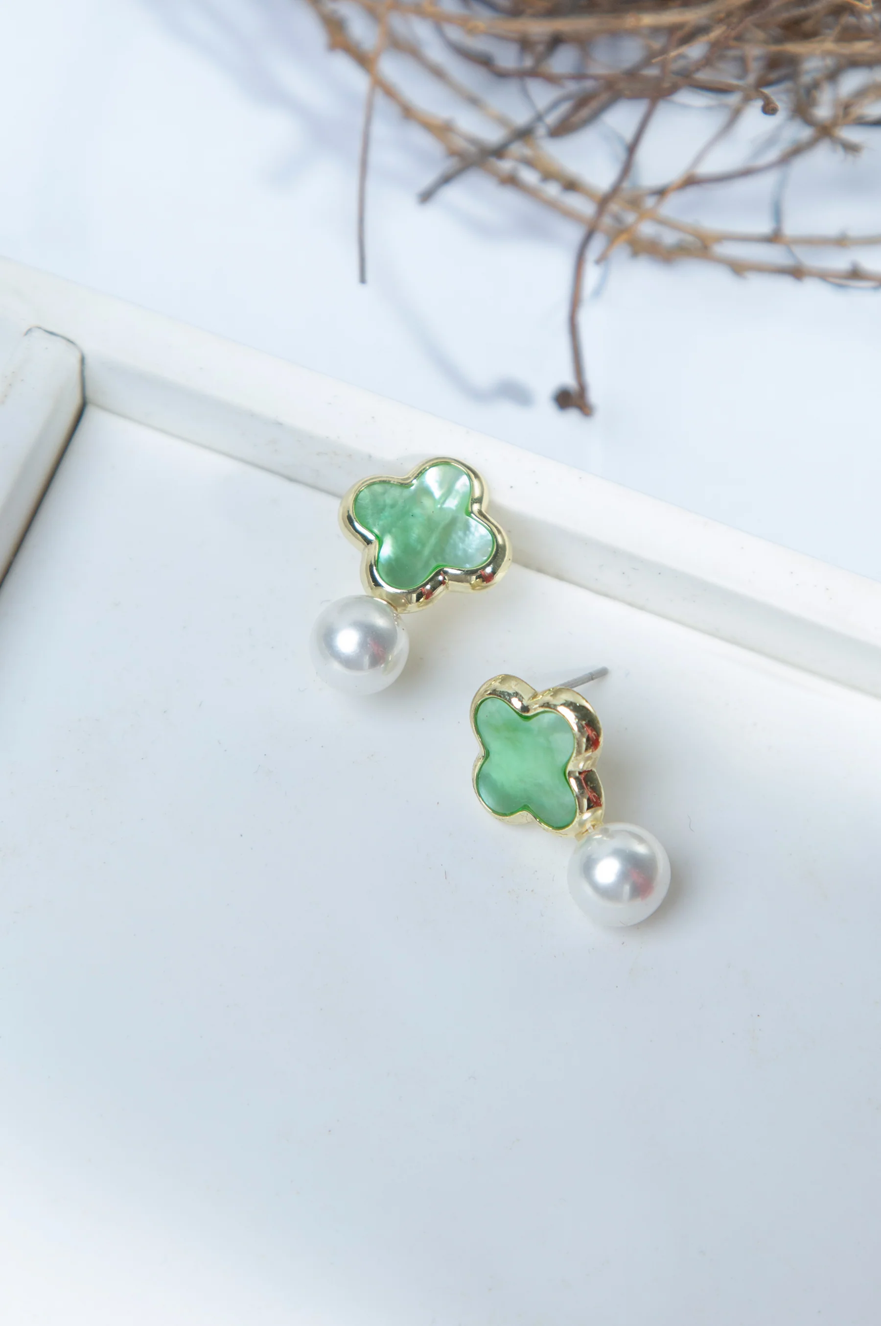 White Pearl Green Stone Earrings - Image 3