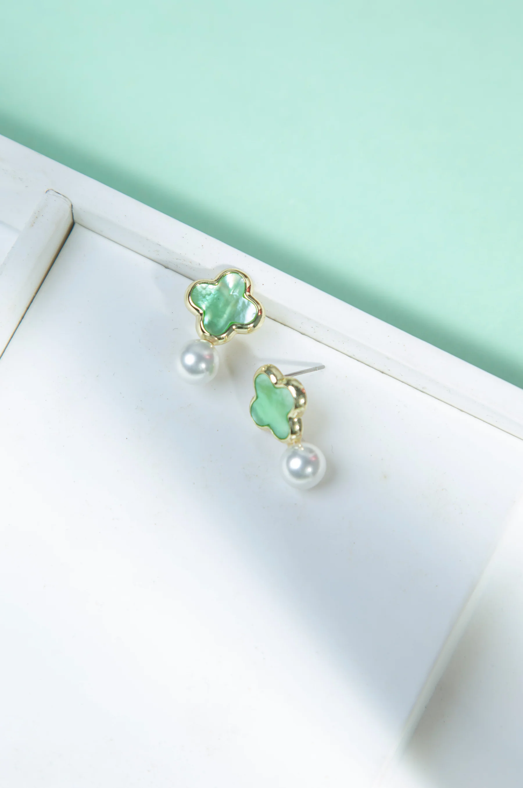 White Pearl Green Stone Earrings - Image 4