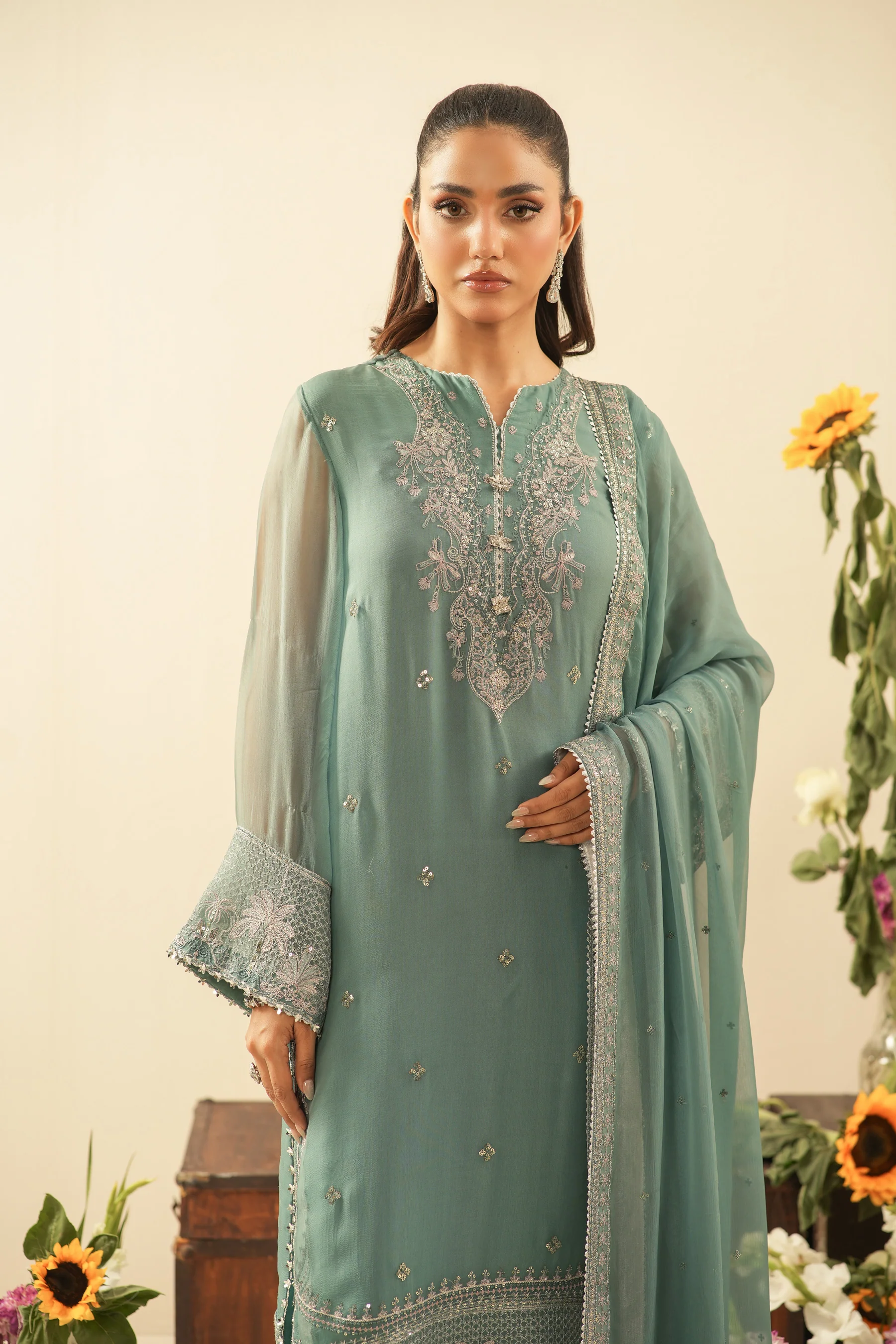 EMBROIDERED CHIFFON UNSTITCHED 3 PIECE SUIT - Image 6
