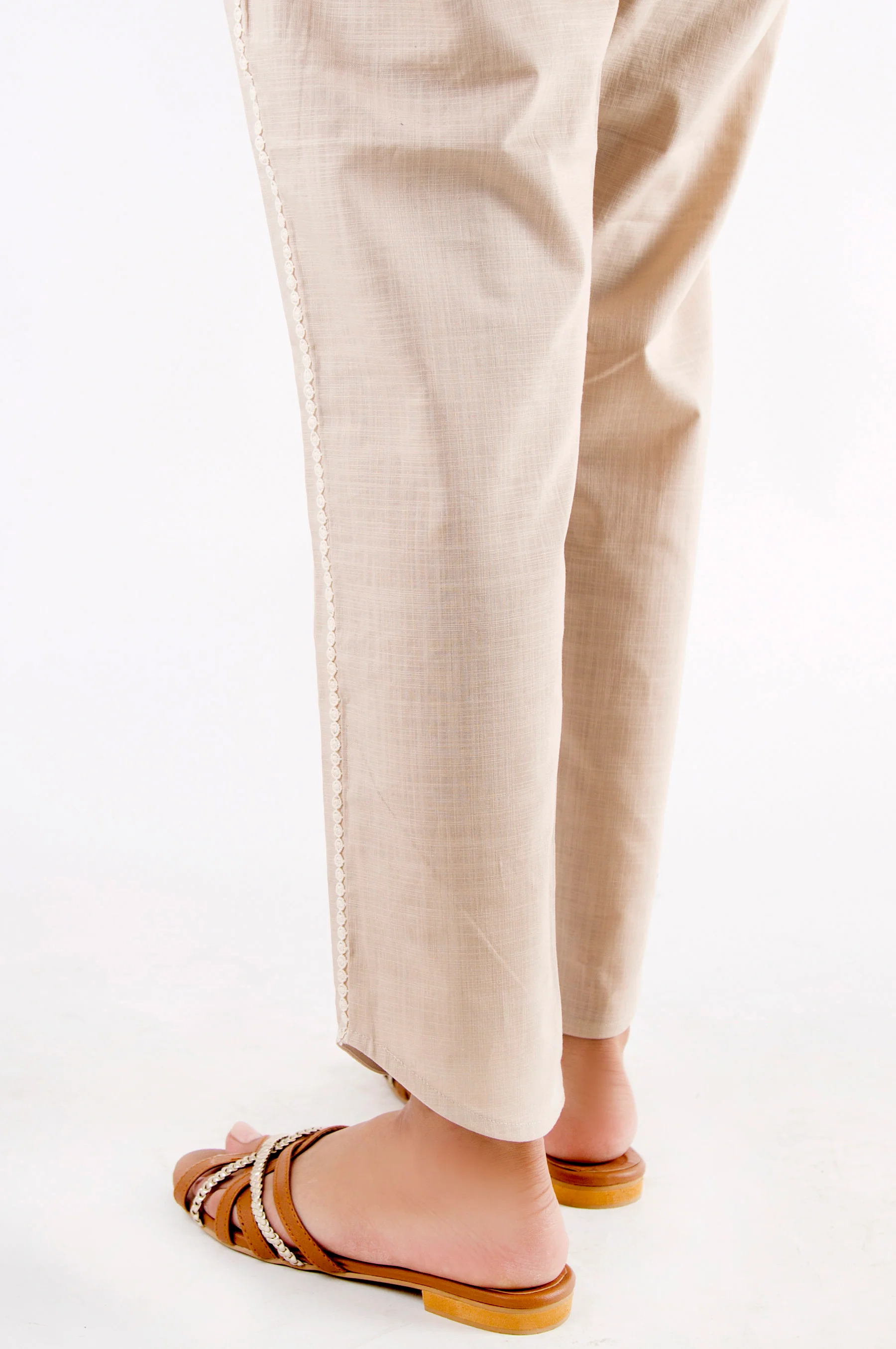 Embellished Cotton Slub Pants - Beige - Image 2