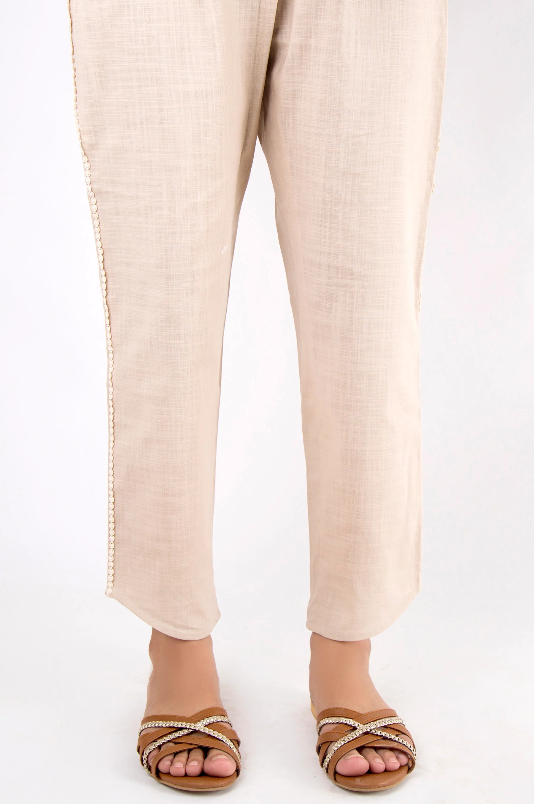 Embellished Cotton Slub Pants - Beige - Image 3
