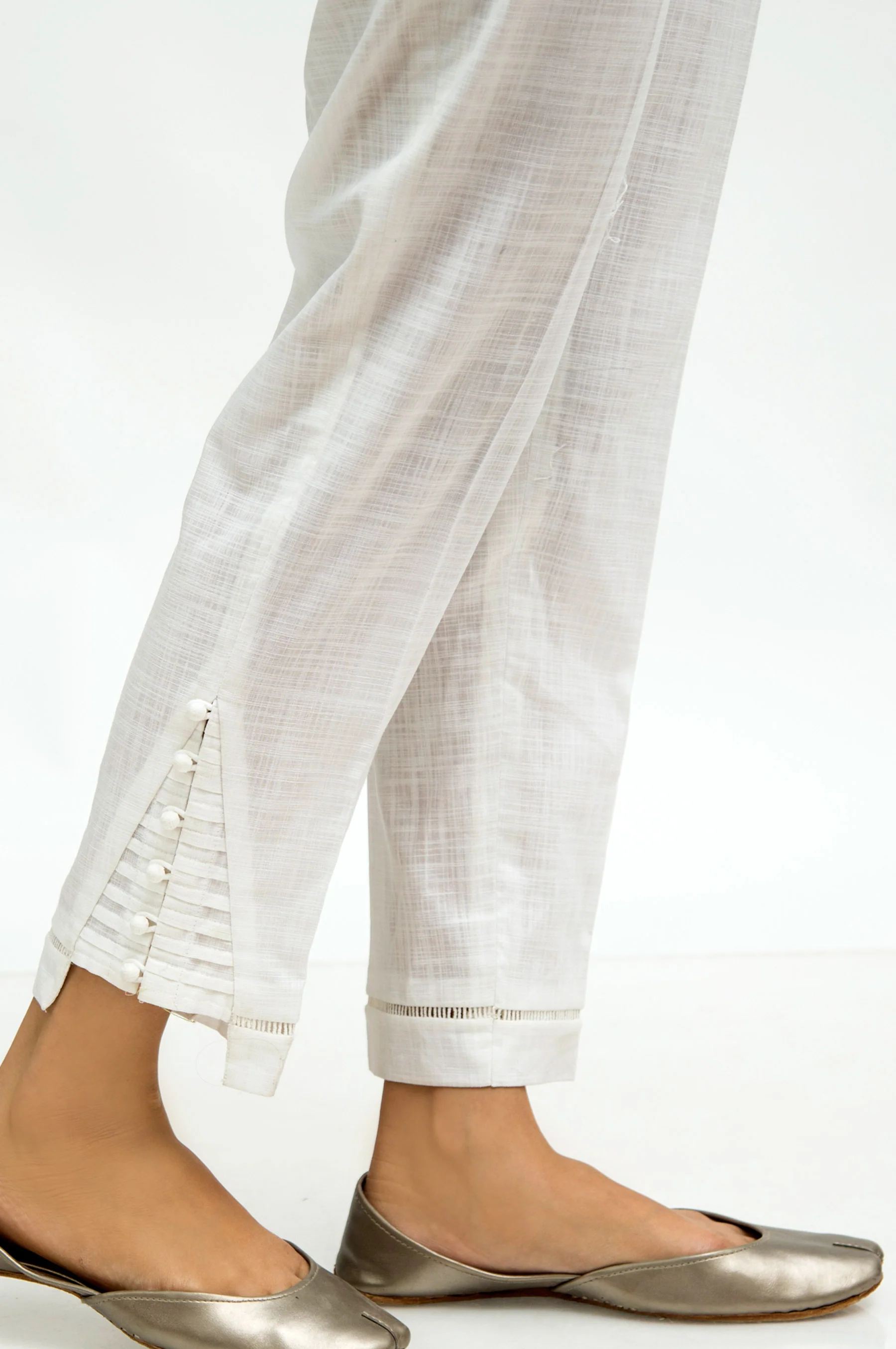Cotton Slub Embellished Cigarette Pants - White - Image 3