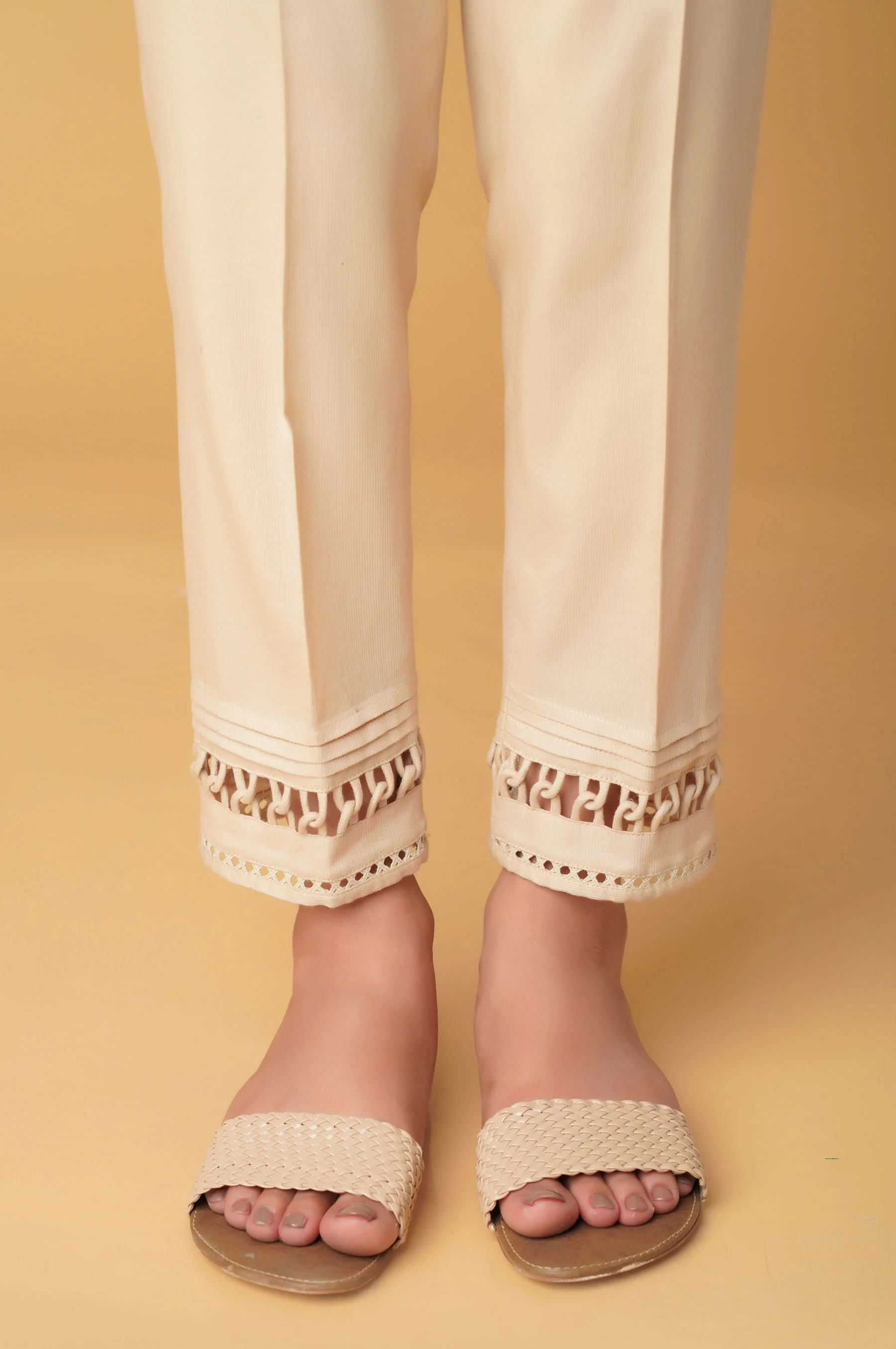 Embellished Cottel Cigarette Pants - Beige