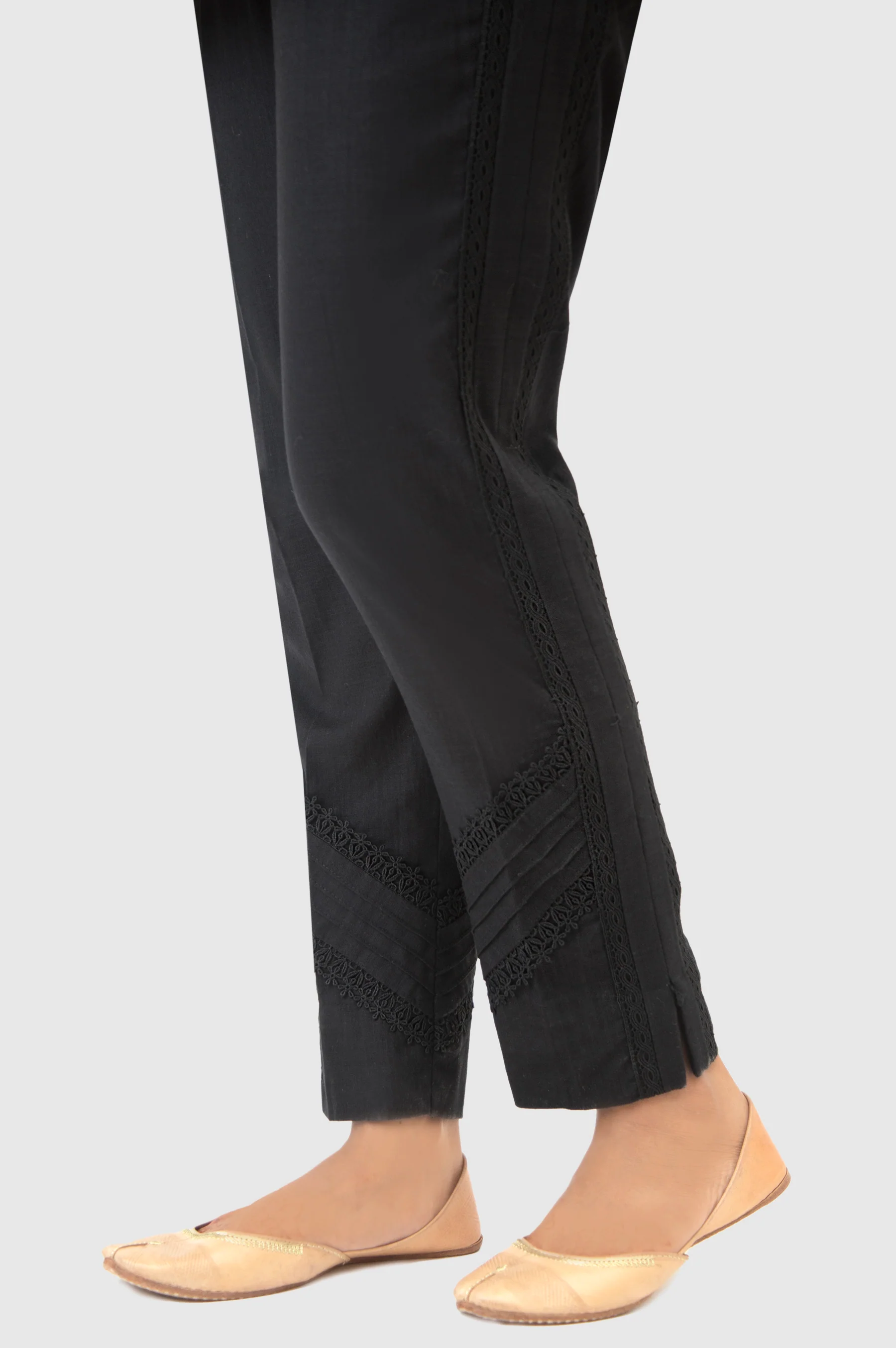 Embellished Cotton Slub Cigeratte Pants - Black - Image 2